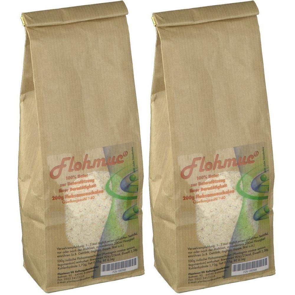 Zwei braune Papiertüten mit Flohsamenschalen, vorne mit Etikett.