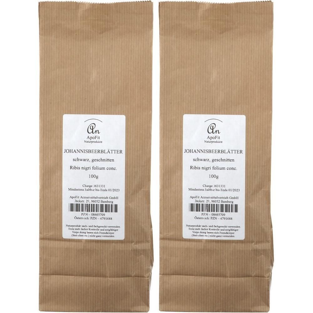 Zwei Packungen Johannisbeerblätter, schwarz, geschnitten, je 100g.