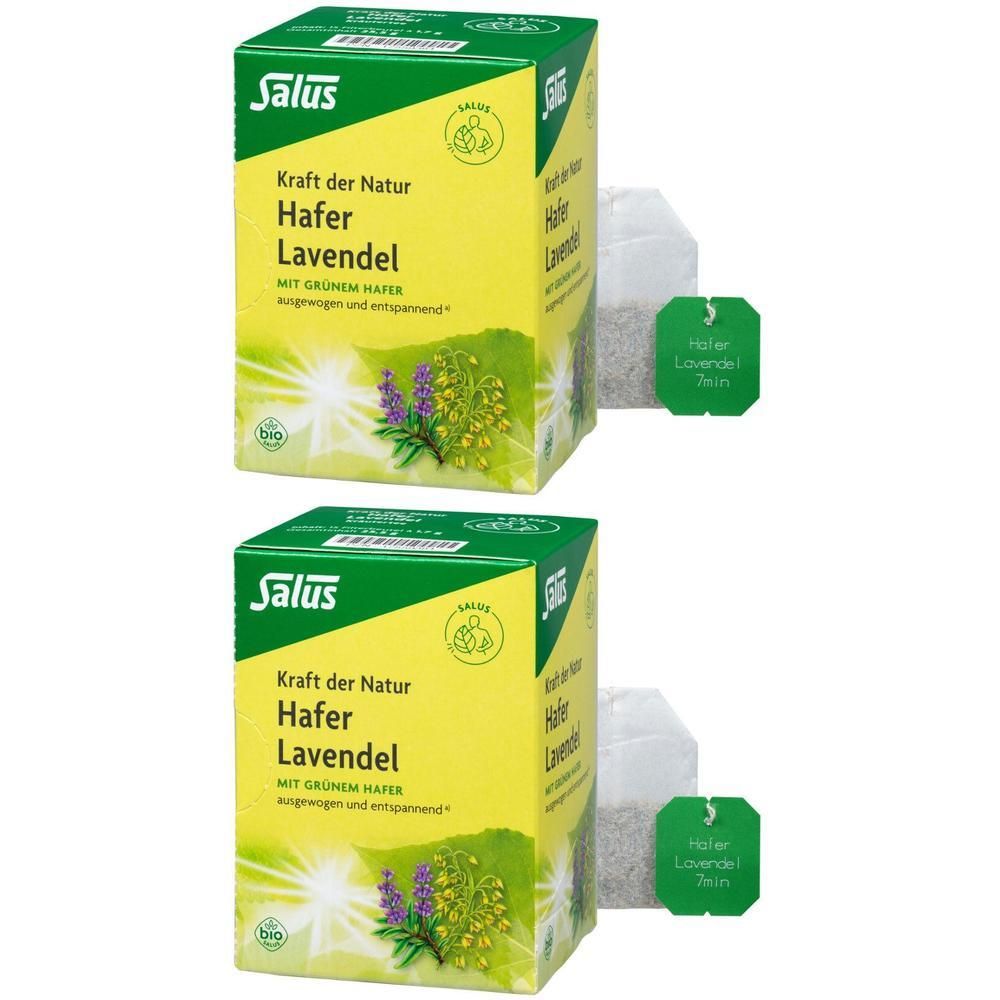 Zwei Schachteln Tee mit Lavendel-Motiv und Salus-Logo. Grün-gelbe Verpackung mit Text. Zwei Teebeutel mit Etikett.