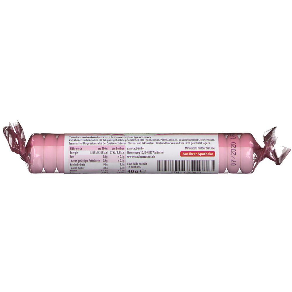 Rolle Erdbeer-Joghurt Traubenzucker. Rosa Verpackung mit Nährwertangaben und Text. 40g. Mindesthaltbarkeitsdatum.