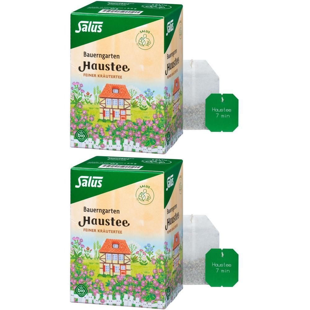 Zwei Kartons Kräutertee. Aufdruck: Salus, Bauerngarten Haustee. Mit Teebeuteln. Bio-Siegel. Grün-weiß Verpackung.