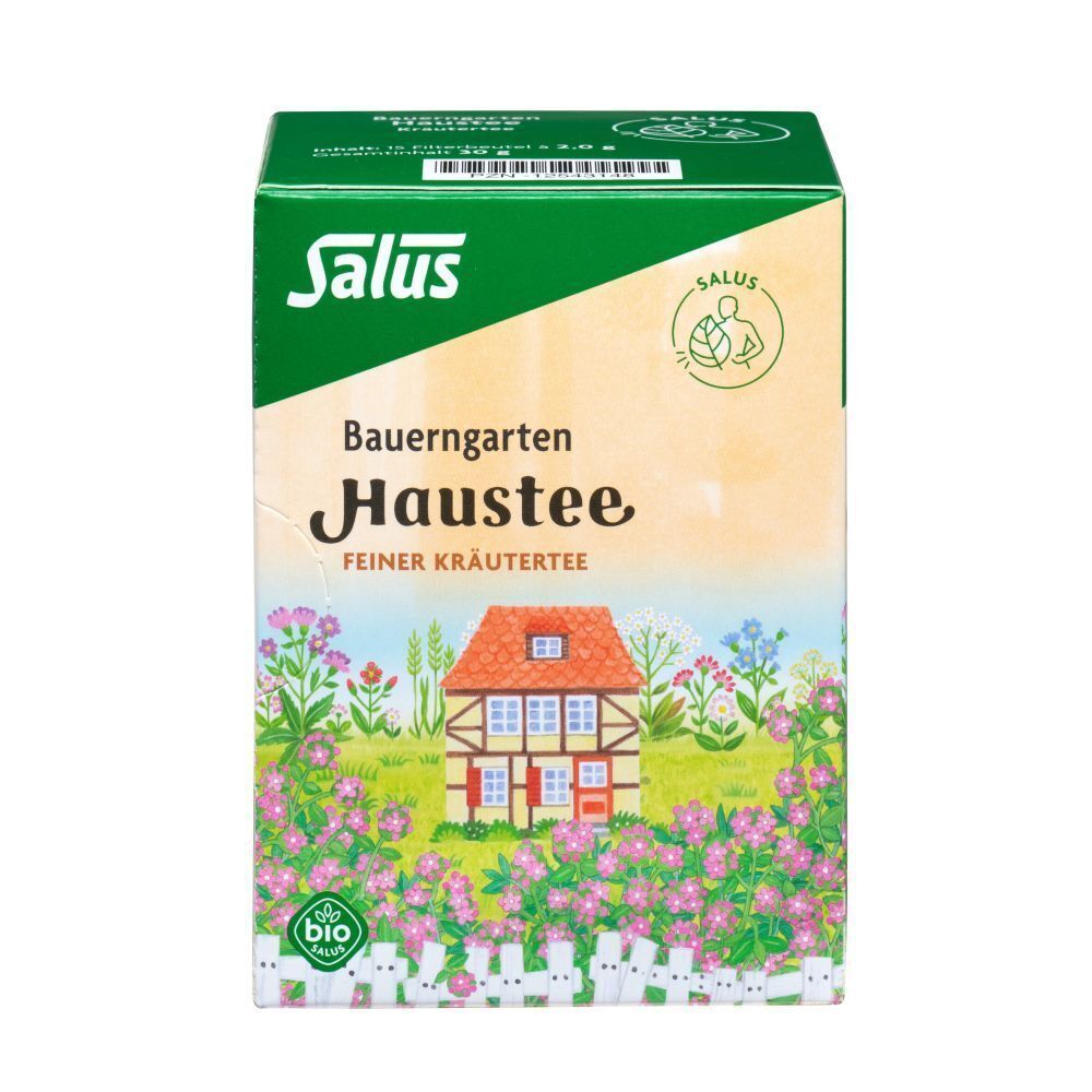 Karton Kräutertee. Aufdruck: Salus, Bauerngarten Haustee. Bild: Haus mit Blumen. Bio-Siegel. Grün-weiß Verpackung.