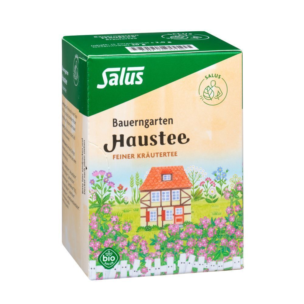 Karton Kräutertee. Aufdruck: Salus, Bauerngarten Haustee. Bild: Haus mit Blumen. Bio-Siegel. Grün-weiß Verpackung.