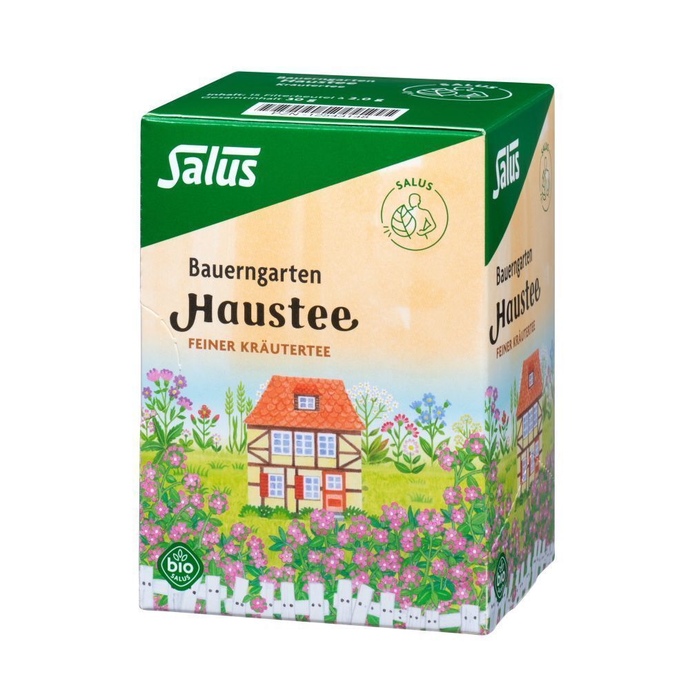 Karton Kräutertee. Aufdruck: Salus, Bauerngarten Haustee. Bild: Haus mit Blumen. Bio-Siegel. Grün-weiß Verpackung.