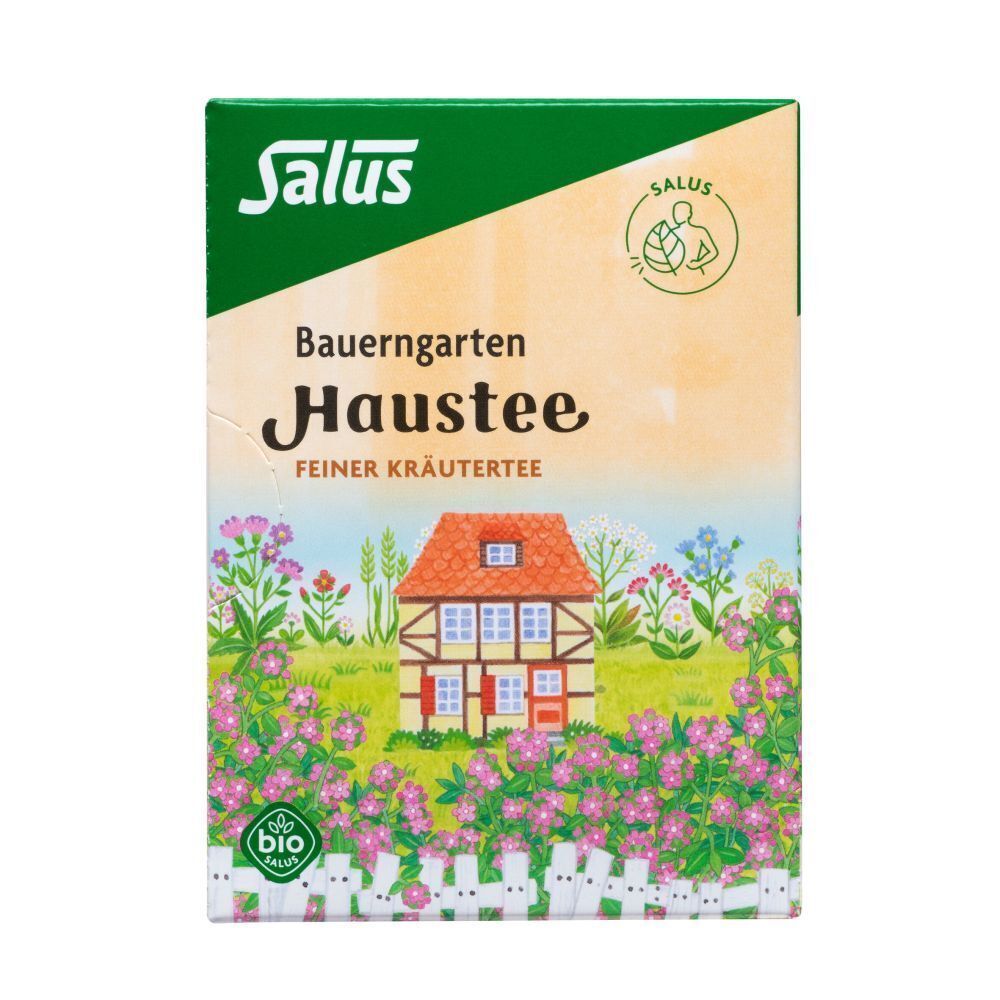Karton Kräutertee. Aufdruck: Salus, Bauerngarten Haustee. Bild: Haus mit Blumen. Bio-Siegel. Grün-weiß Verpackung.