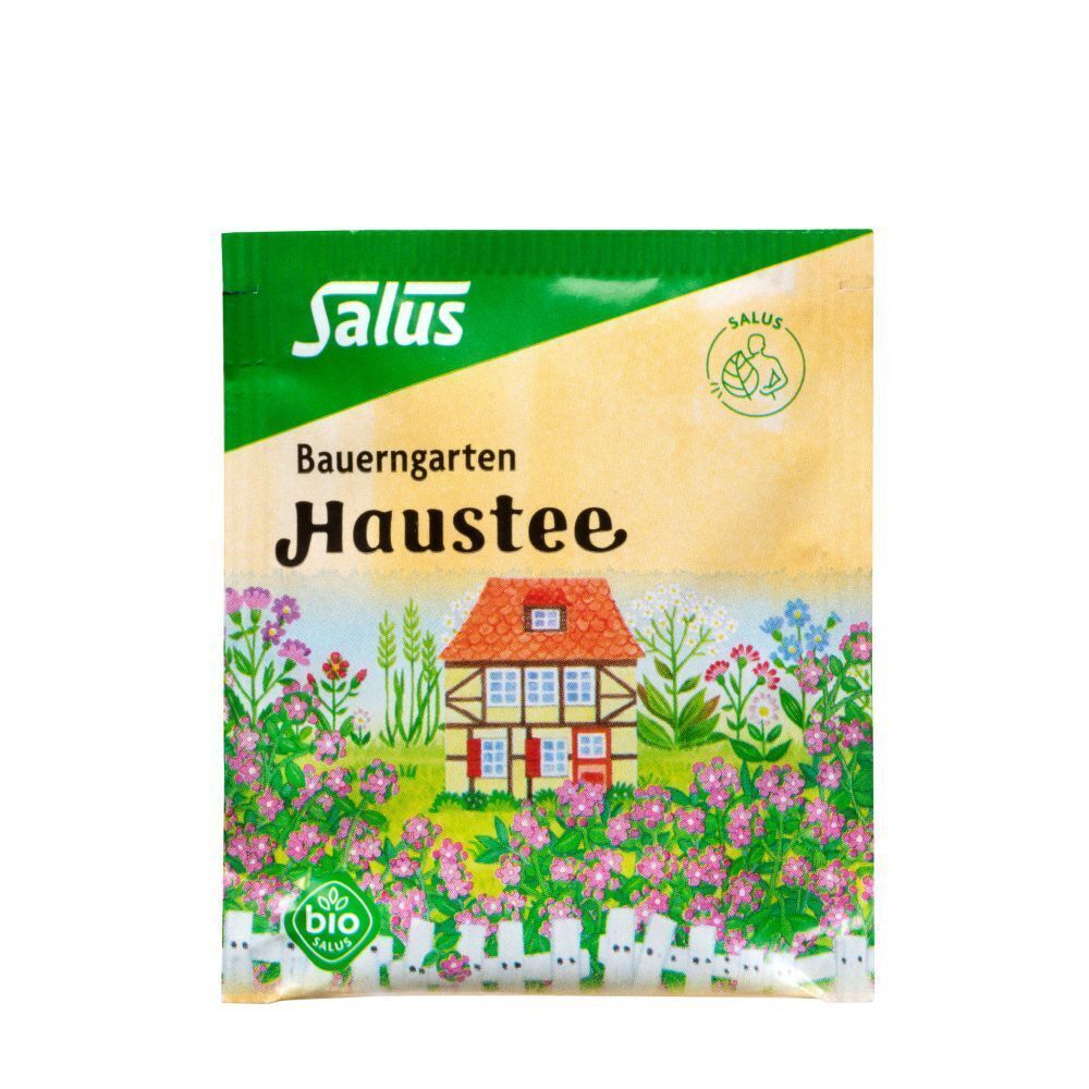 Einzelpackung Kräutertee. Aufdruck: Salus, Bauerngarten Haustee. Bild: Haus mit Blumen. Bio-Siegel. Grün-weiß Verpackung.