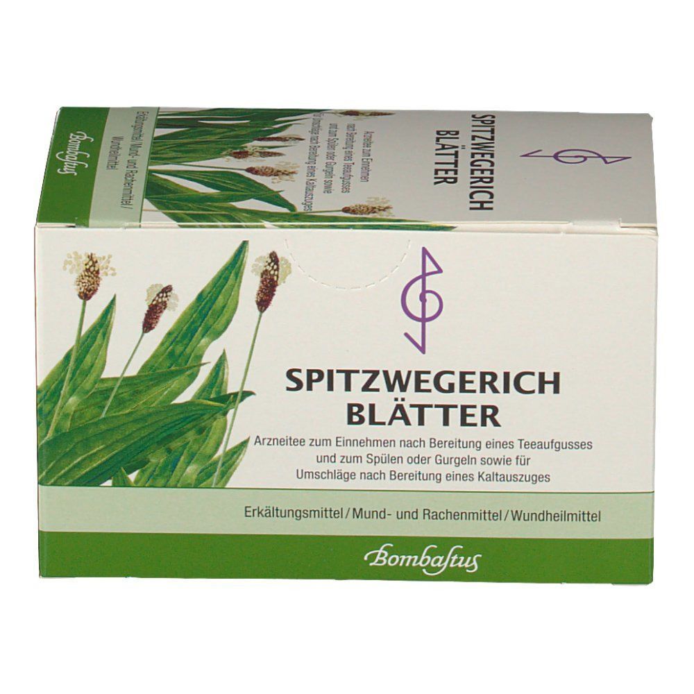 Packung Bombastus Spitzwegerich Blätter mit Vorderansicht und botanischer Illustration.
