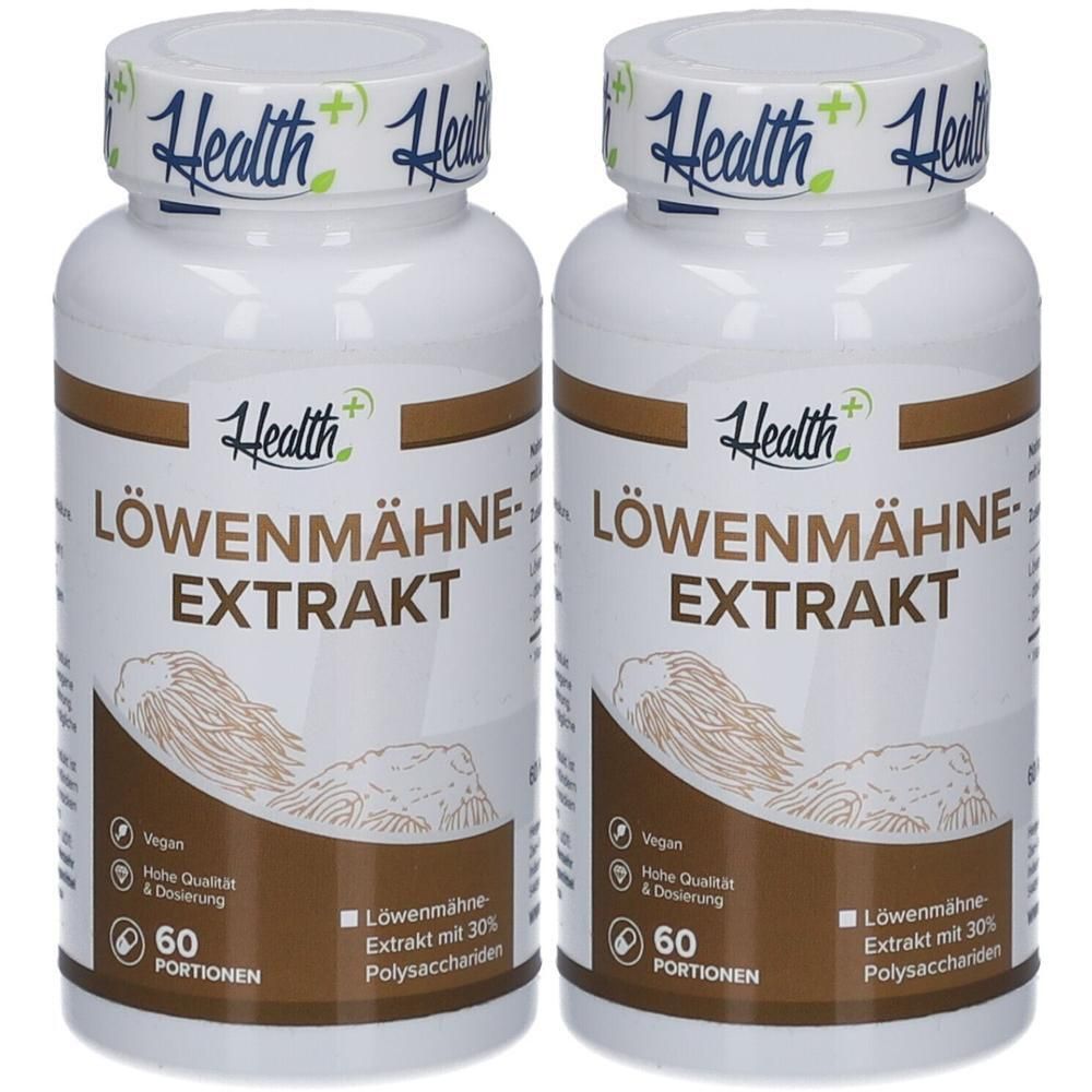 Zwei weiße Flaschen mit braunen Etiketten. Aufschrift: Löwenmähne Extrakt. Vegan, 60 Portionen. Marke: Health+.