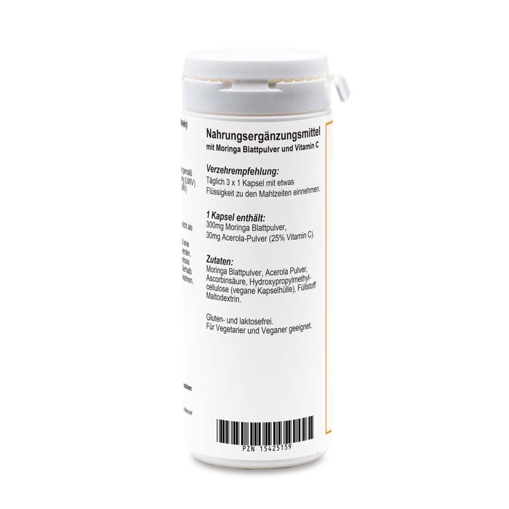 Rückseite einer weißen Pillendose. Text: Nahrungsergänzungsmittel mit Moringa Blattpulver und Vitamin C.
