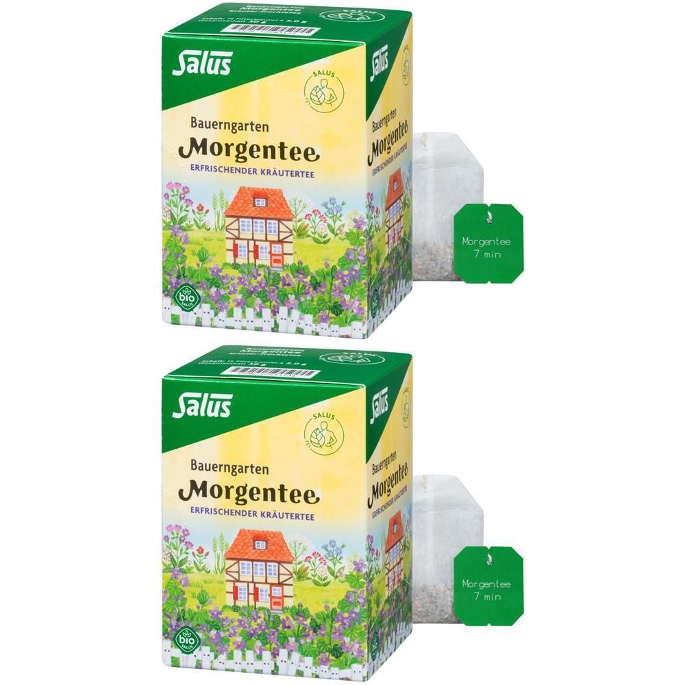 Zwei Kartons mit Salus Bauerngarten Morgentee. Grün-weiße Verpackung mit Kräutergarten-Motiv. Bio-Siegel. Zwei Teebeutel.
