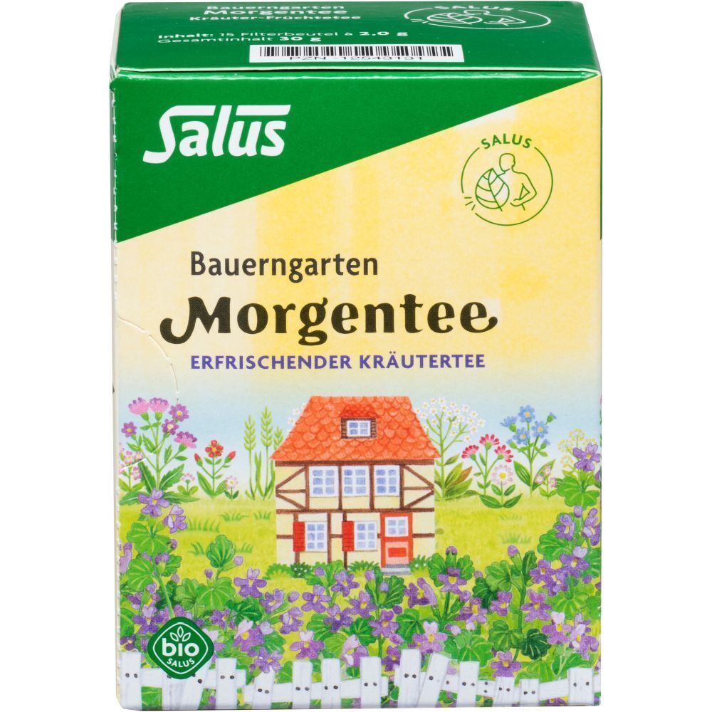 Salus Bauerngarten Morgentee-Verpackung. Grün-weiße Schachtel mit Kräutergarten-Motiv. Bio-Siegel. Text: Erfrischender Kräutertee.