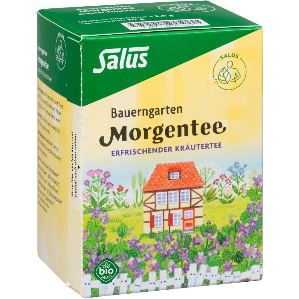 Salus Bauerngarten Morgentee-Verpackung. Grün-weiße Schachtel mit Kräutergarten-Motiv. Bio-Siegel. Text: Erfrischender Kräutertee.