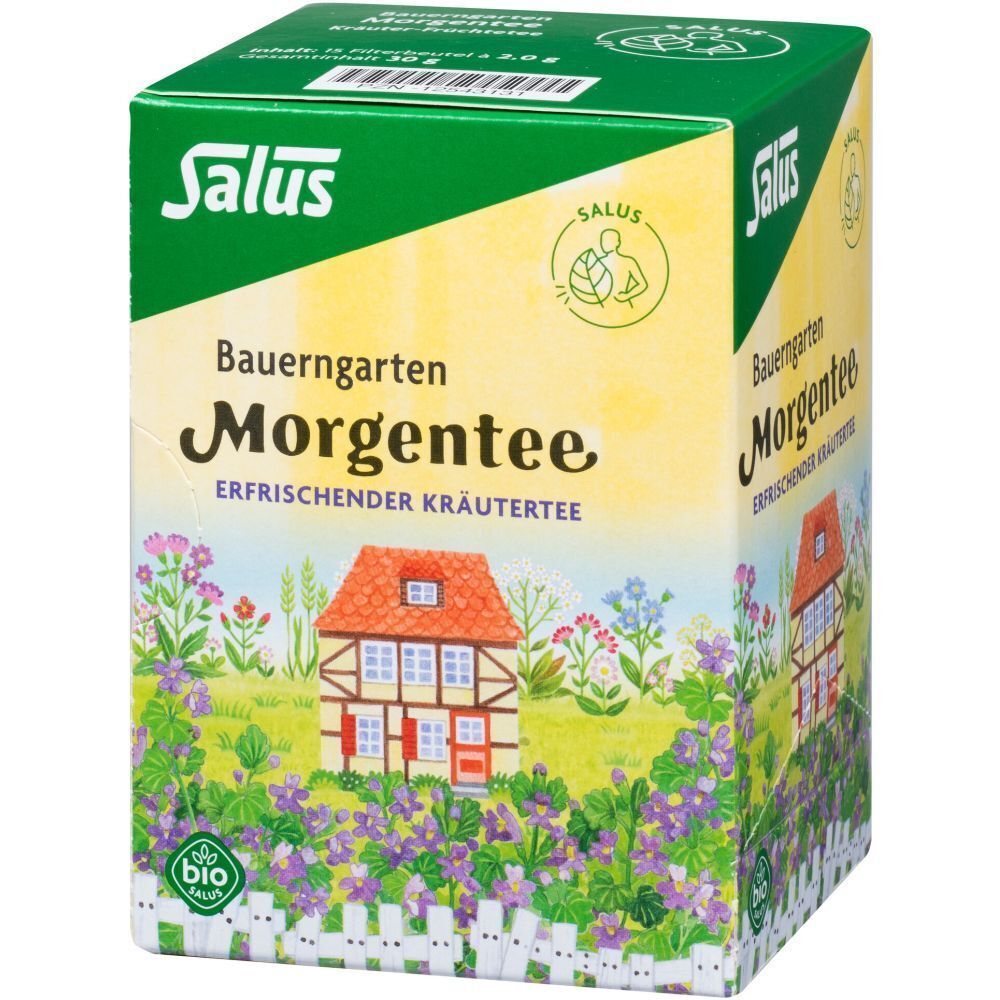 Salus Bauerngarten Morgentee-Verpackung. Grün-weiße Schachtel mit Kräutergarten-Motiv. Bio-Siegel. Text: Erfrischender Kräutertee.