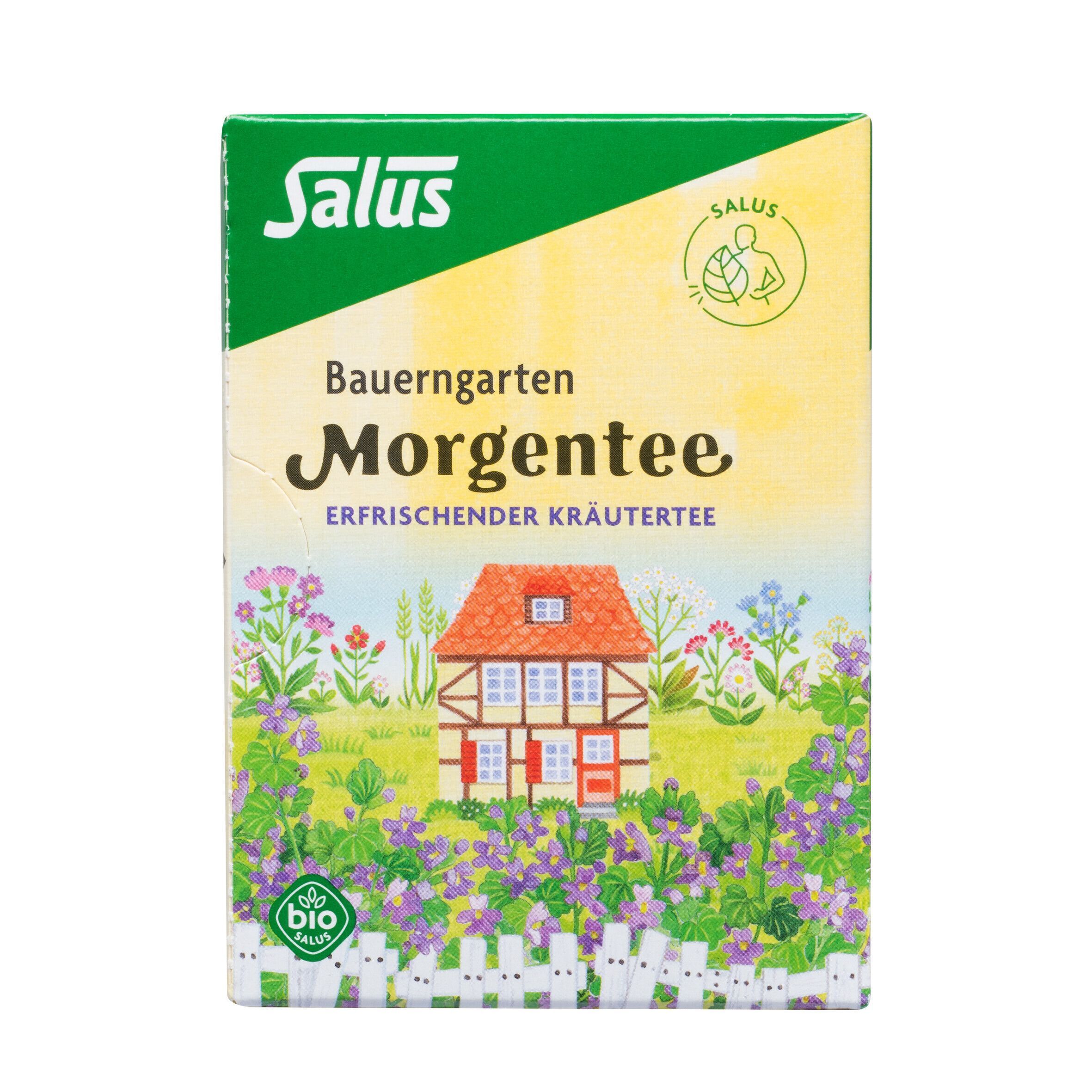 Salus Bauerngarten Morgentee-Verpackung. Grün-weiße Schachtel mit Kräutergarten-Motiv. Bio-Siegel. Text: Erfrischender Kräutertee.