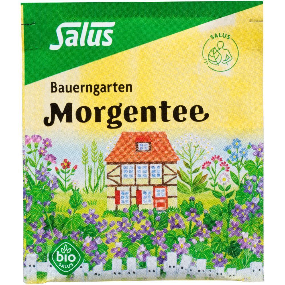Salus Bauerngarten Morgentee-Verpackung. Grün-gelbe Verpackung mit Kräutergarten-Motiv. Bio-Siegel. Text: Morgentee.