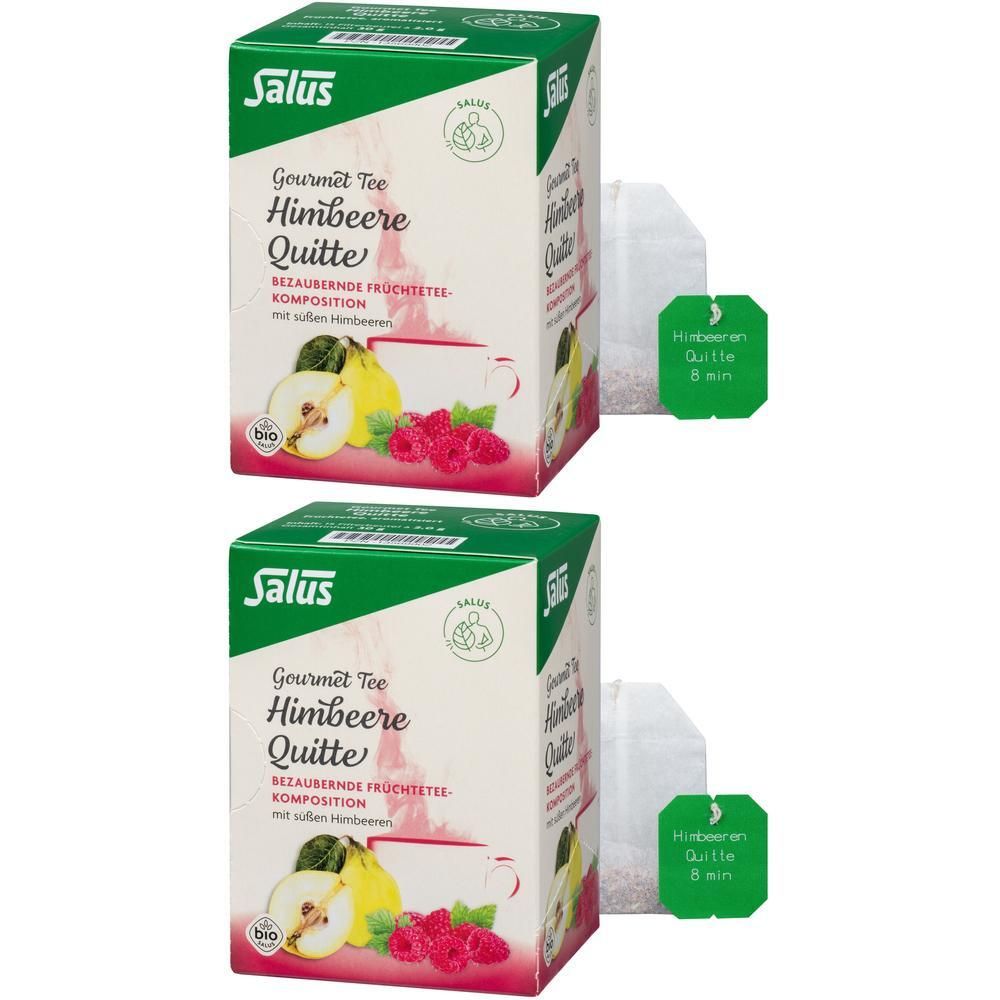 Zwei Kartons Tee. Aufdruck: Salus, Gourmet Tee Himbeere Quitte, Früchtetee-Komposition. Bio-Siegel. Zwei Teebeutel mit Etikett.