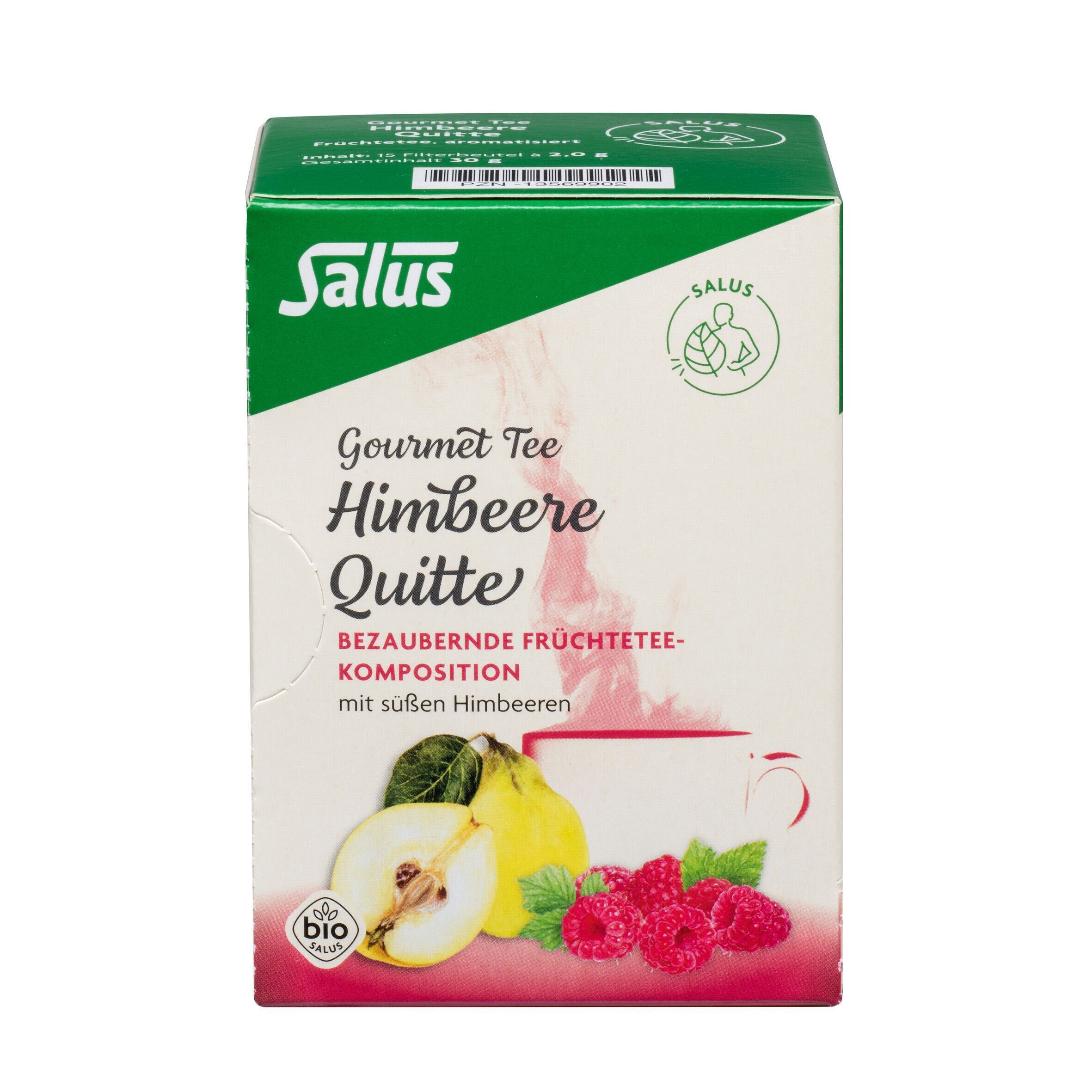 Teekarton mit Aufdruck: Salus, Gourmet Tee Himbeere Quitte, Früchtetee-Komposition. Bio-Siegel. Abbildung von Quitte und Himbeeren.