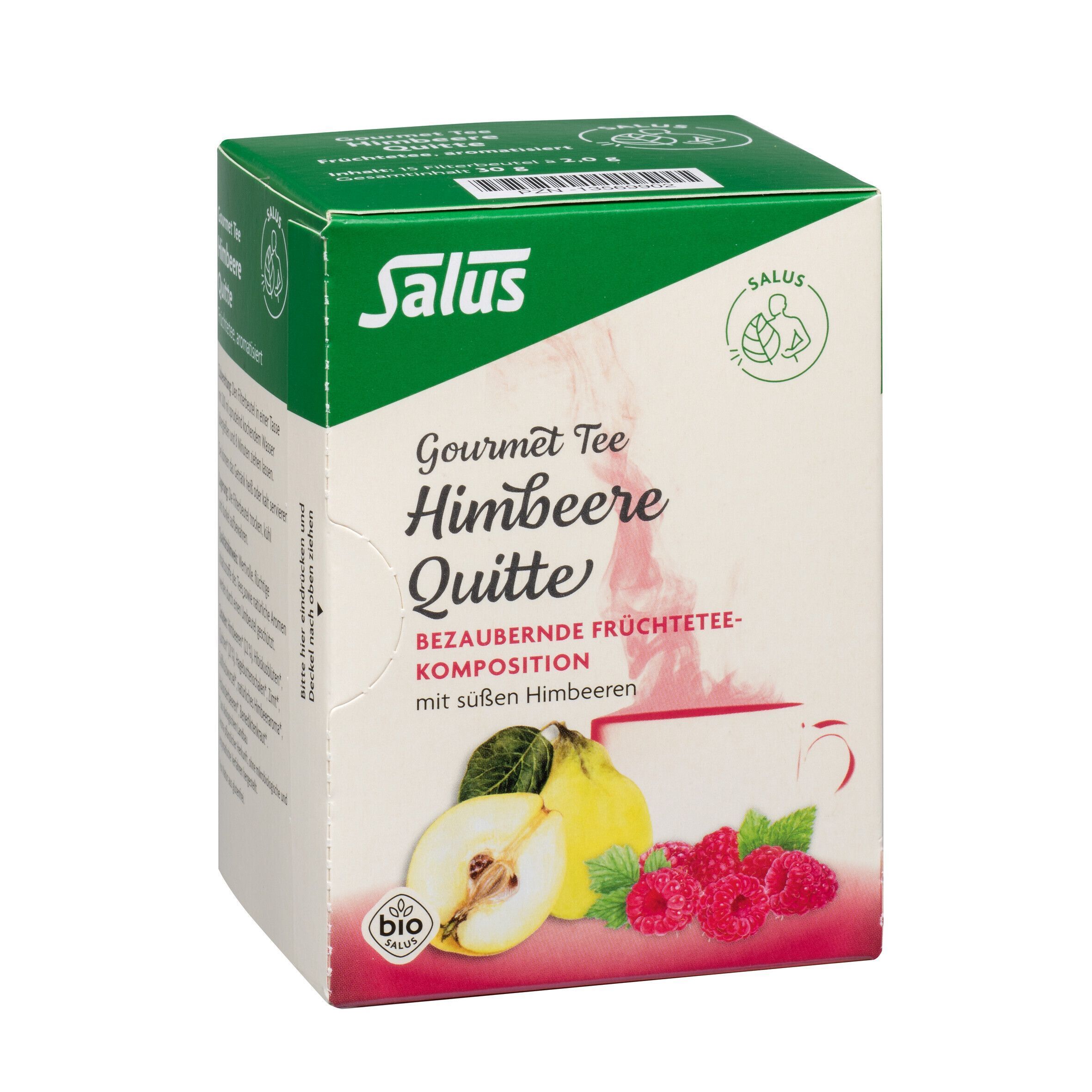 Teekarton mit Aufdruck: Salus, Gourmet Tee Himbeere Quitte, Früchtetee-Komposition. Bio-Siegel. Ansicht von vorne und Seite.