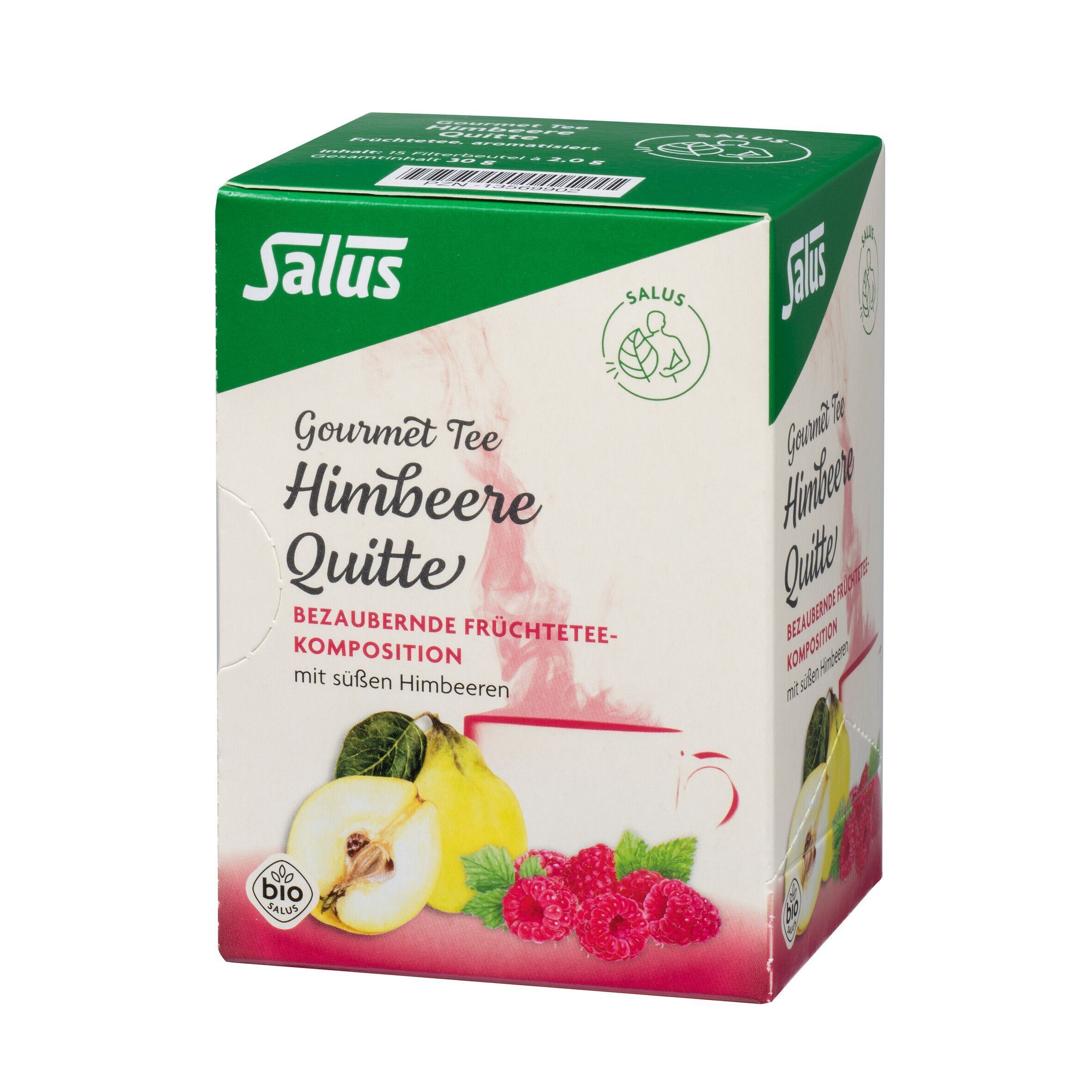Teekarton mit Aufdruck: Salus, Gourmet Tee Himbeere Quitte, Früchtetee-Komposition. Bio-Siegel. Ansicht von vorne und Seite.