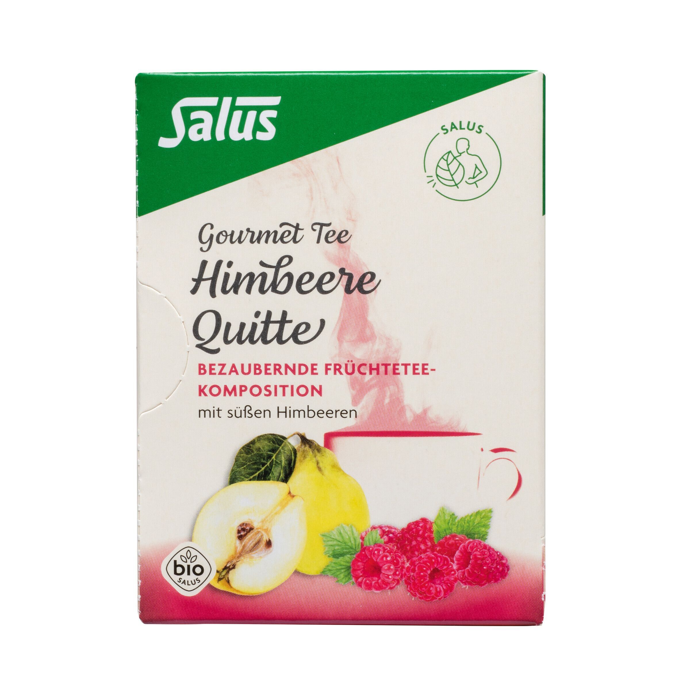 Teekarton mit Aufdruck: Salus, Gourmet Tee Himbeere Quitte, Früchtetee-Komposition. Bio-Siegel. Abbildung von Quitte und Himbeeren.