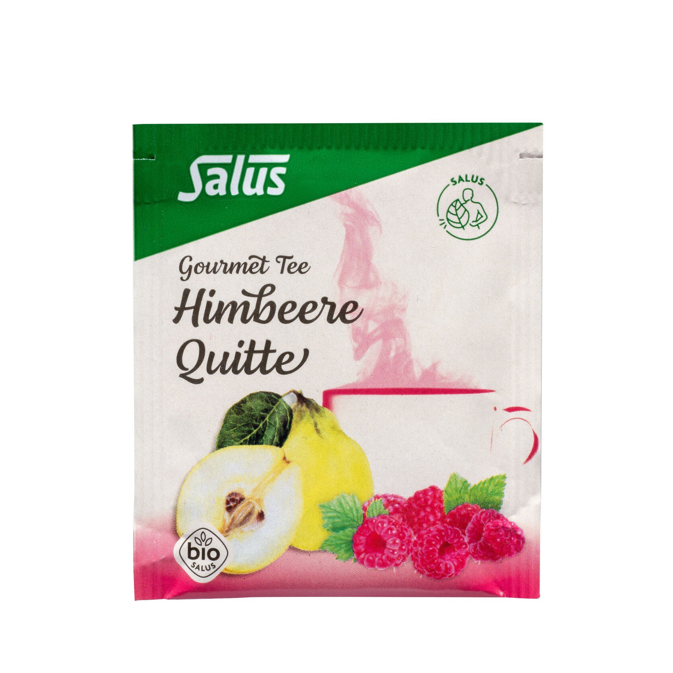 Einzelpackung Teebeutel. Aufdruck: Salus, Gourmet Tee Himbeere Quitte, Früchtetee-Komposition. Bio-Siegel. Abbildung von Quitte und Himbeeren.
