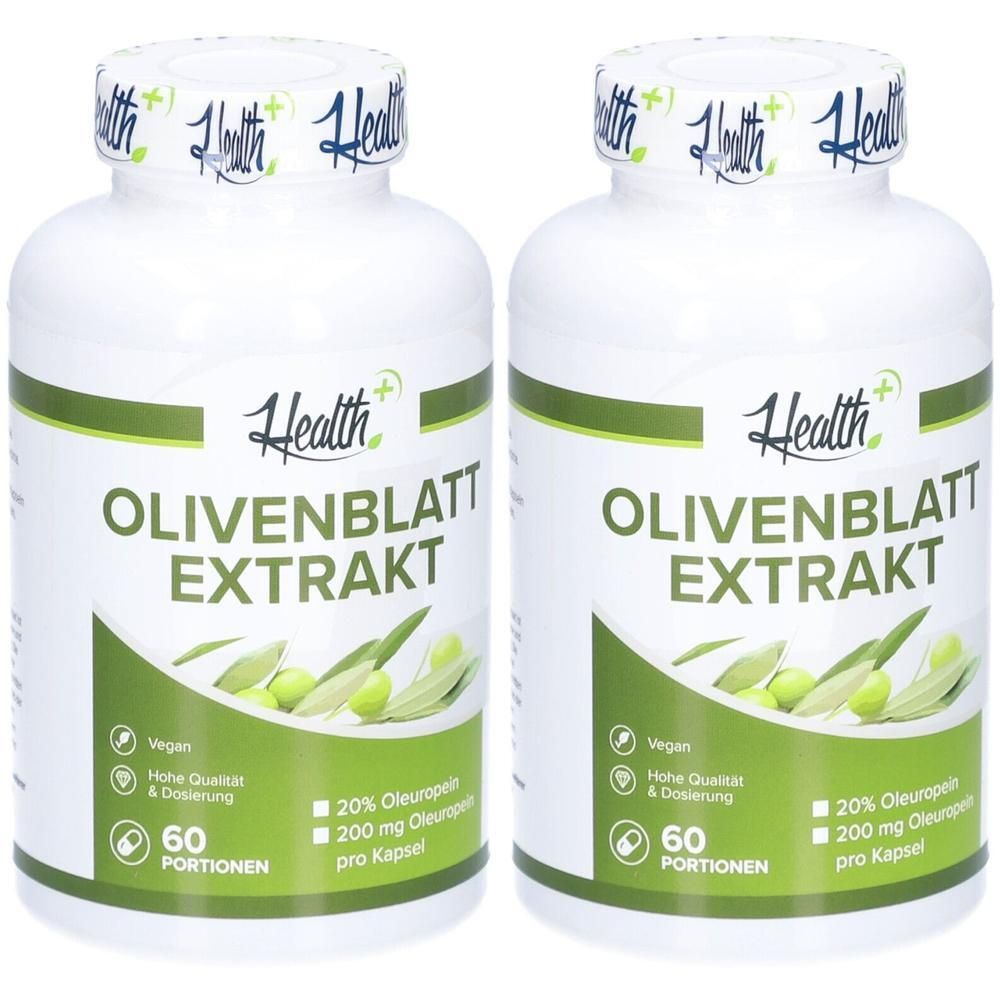 Zwei weiße Flaschen mit grünem Etikett. Aufschrift: OLIVENBLATT EXTRAKT. Vegan, 60 Portionen. 20% Oleuropein, 200mg pro Kapsel.