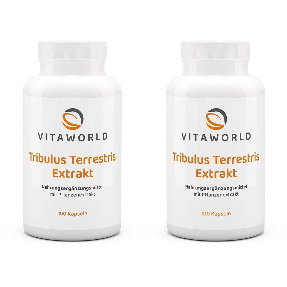 Zwei weiße Flaschen mit Etiketten. Aufschrift: VITAWORLD, Tribulus Terrestris Extrakt, 100 Kapseln. Nahrungsergänzungsmittel.