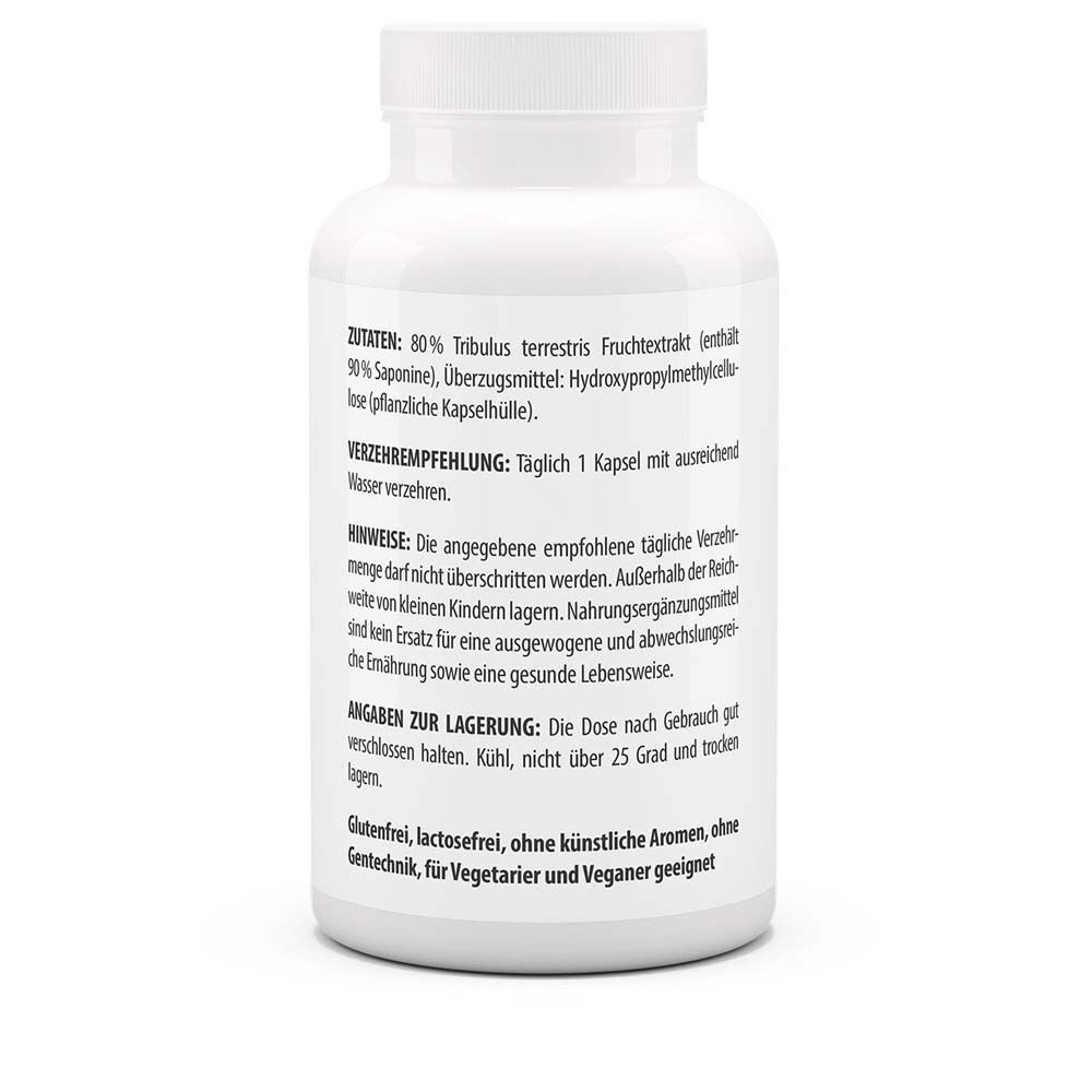 Weiße Flasche mit Etikett. Text: Zutaten, Verzehrempfehlung, Hinweise, Angaben zur Lagerung. Glutenfrei, ohne künstliche Aromen, für Vegetarier und Veganer geeignet.