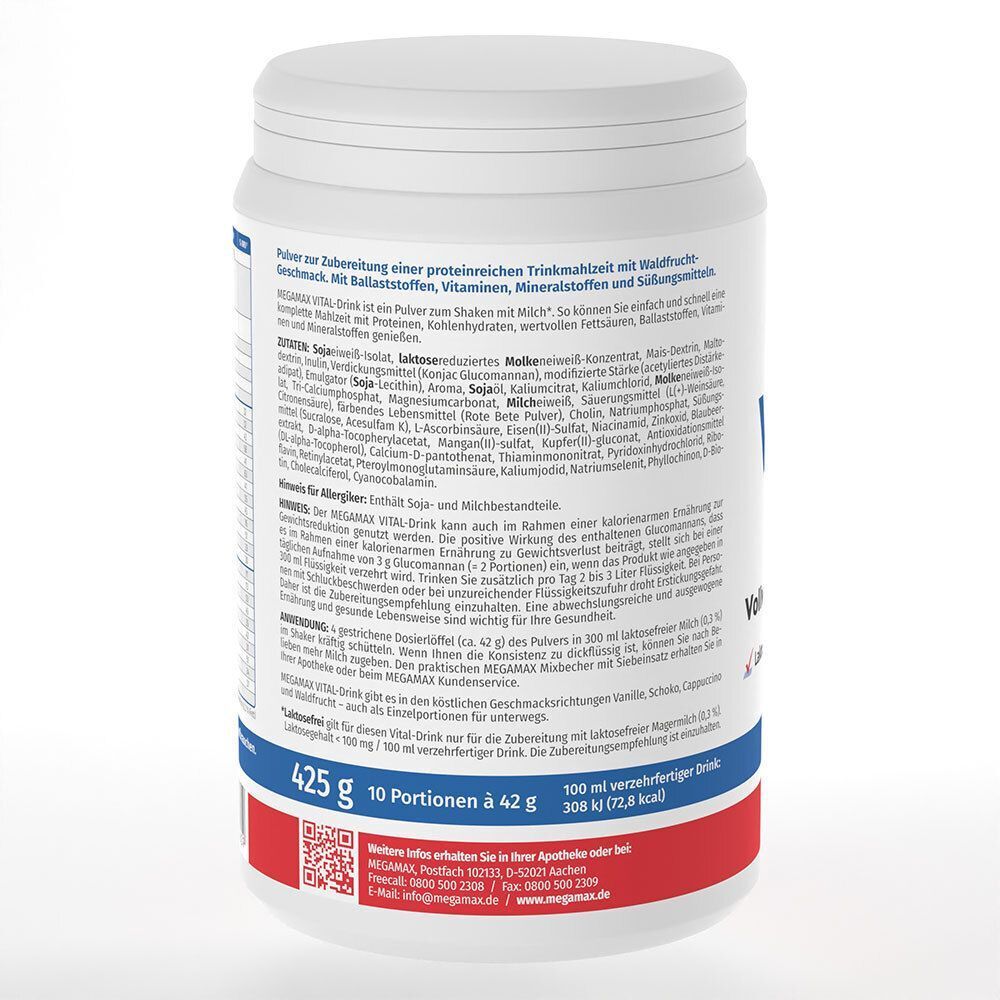 Weiße Dose MEGAMAX Vital Drink. Rückseite mit Zutatenliste, Nährwertangaben und QR-Code. Roter und blauer Streifen.