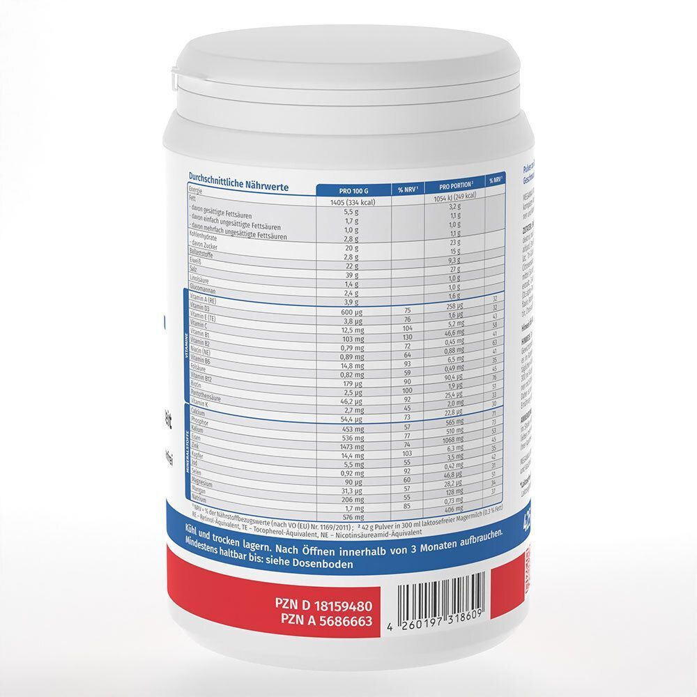Weiße Dose MEGAMAX Vital Drink. Rückseite mit Nährwerttabelle. Roter und blauer Streifen. PZN- und Chargennummer.