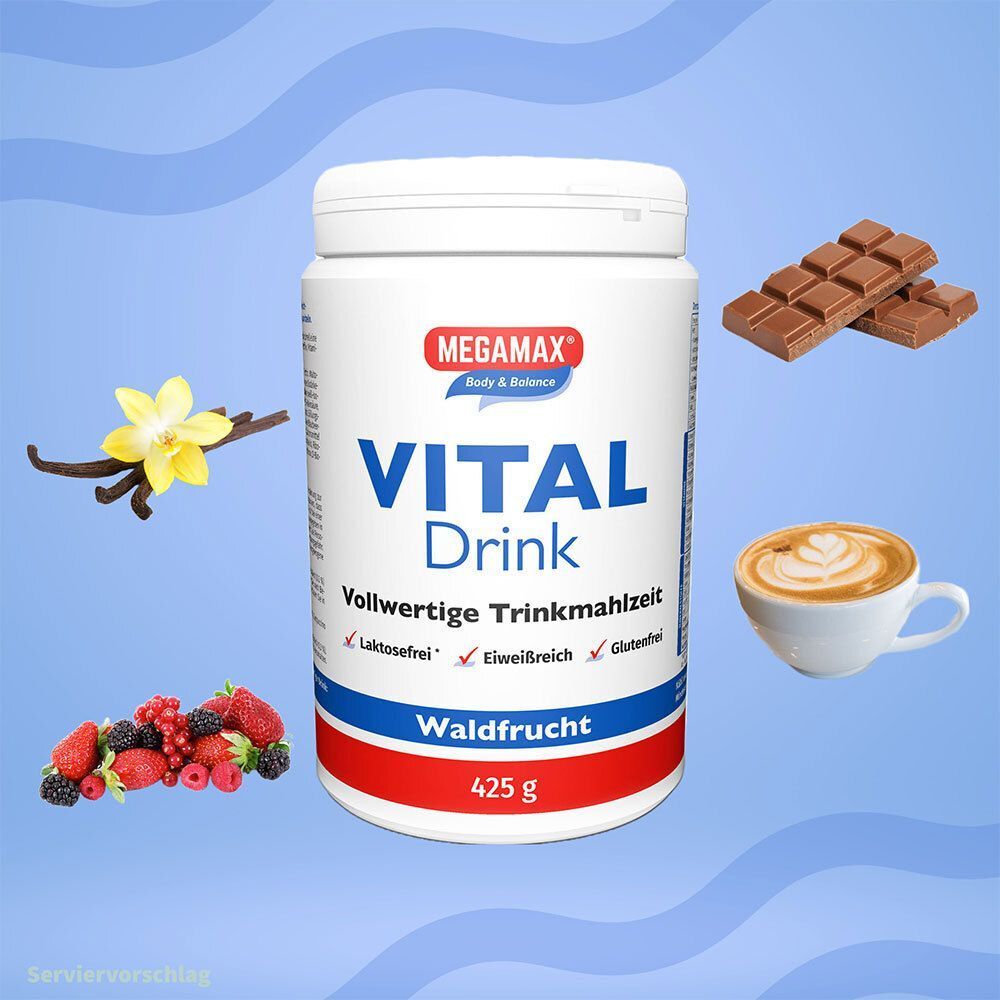 Weiße Dose MEGAMAX Vital Drink mit Waldfrüchten. Abgebildet: Vanille, Schokolade, Kaffee und Beeren. Hintergrund blau.