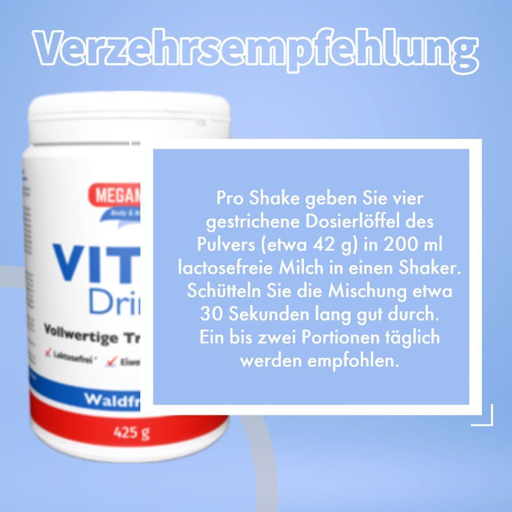 Weiße Dose MEGAMAX Vital Drink. Text: Verzehrempfehlung. Text in blauem Feld: Zubereitungshinweise. Hintergrund blau.