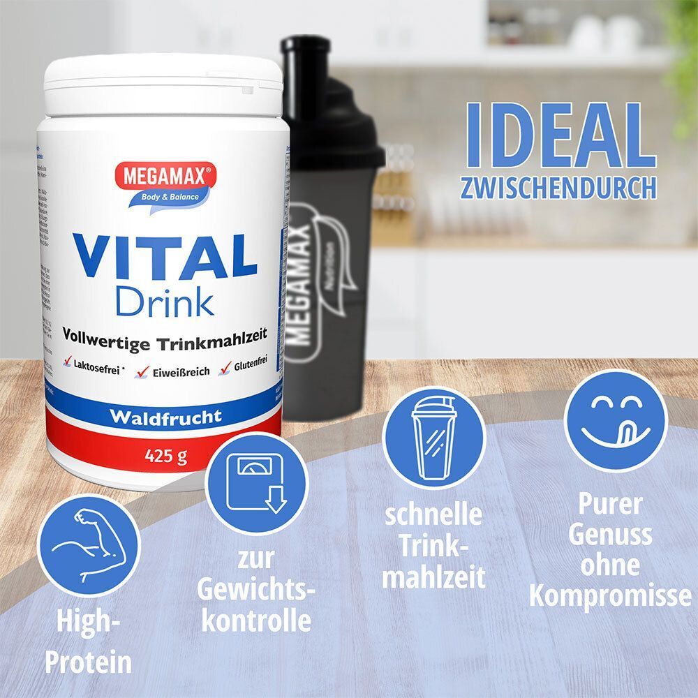 Weiße Dose MEGAMAX Vital Drink und Shaker. Text: Ideal zwischendurch. Symbole: High Protein, Gewichtskontrolle, etc. Hintergrund blau.