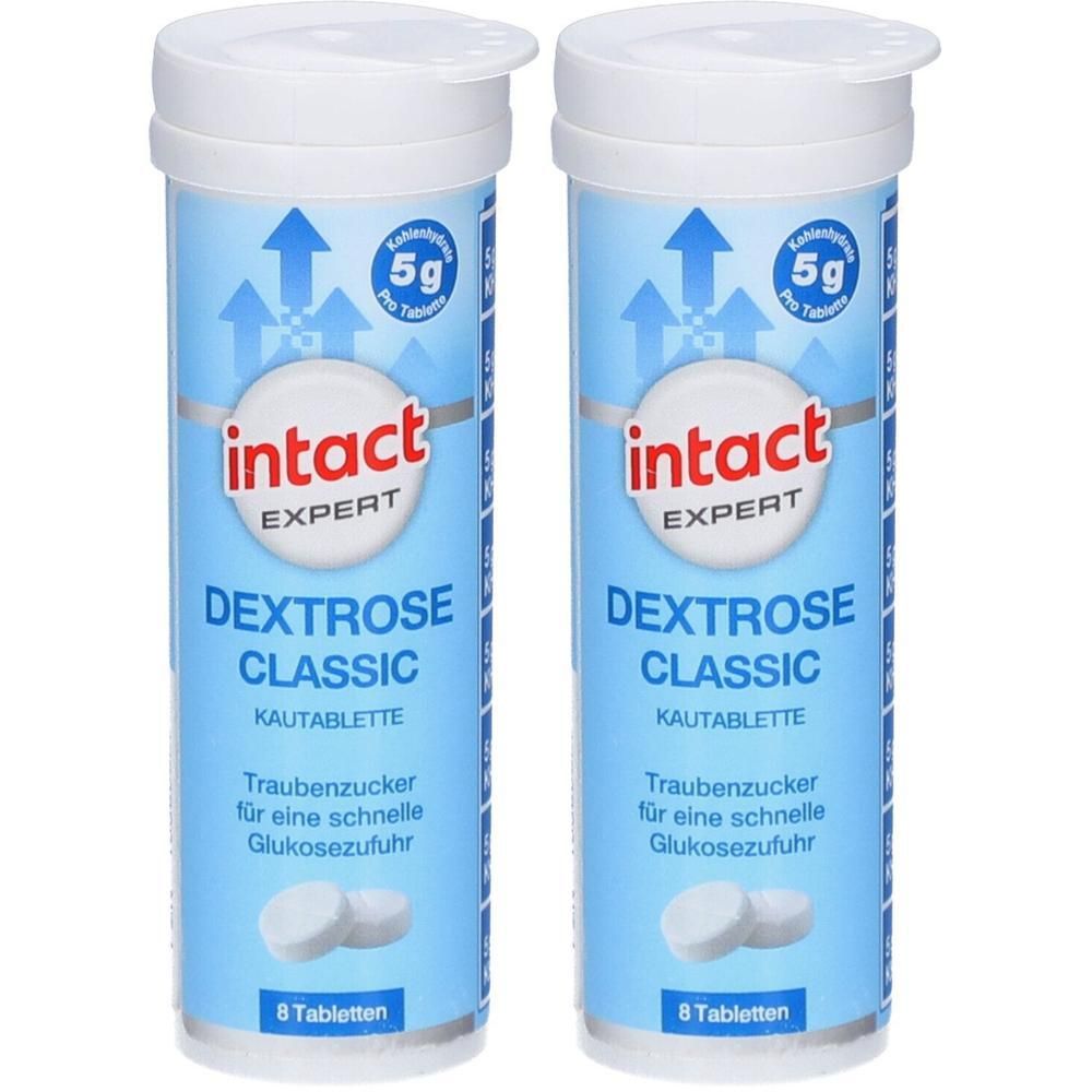 Zwei blaue Röhrchen mit weißen Deckeln. Aufschrift: intact EXPERT Dextrose Classic Kautabletten. 8 Tabletten.