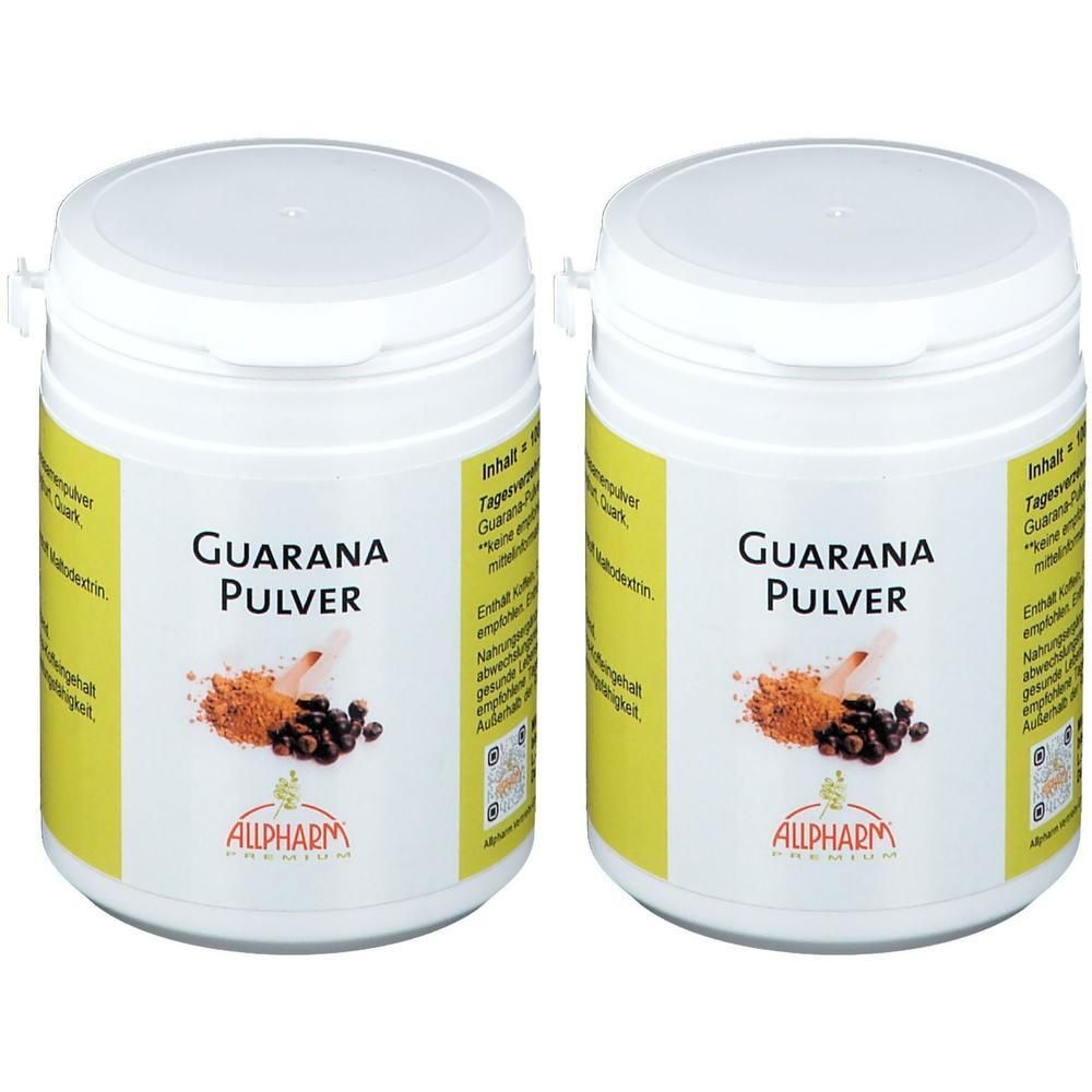 Zwei weiße Dosen mit Deckel. Aufschrift: GUARANA PULVER. Darunter Abbildung von Pulver und Samen. Marke: ALLPHARM.