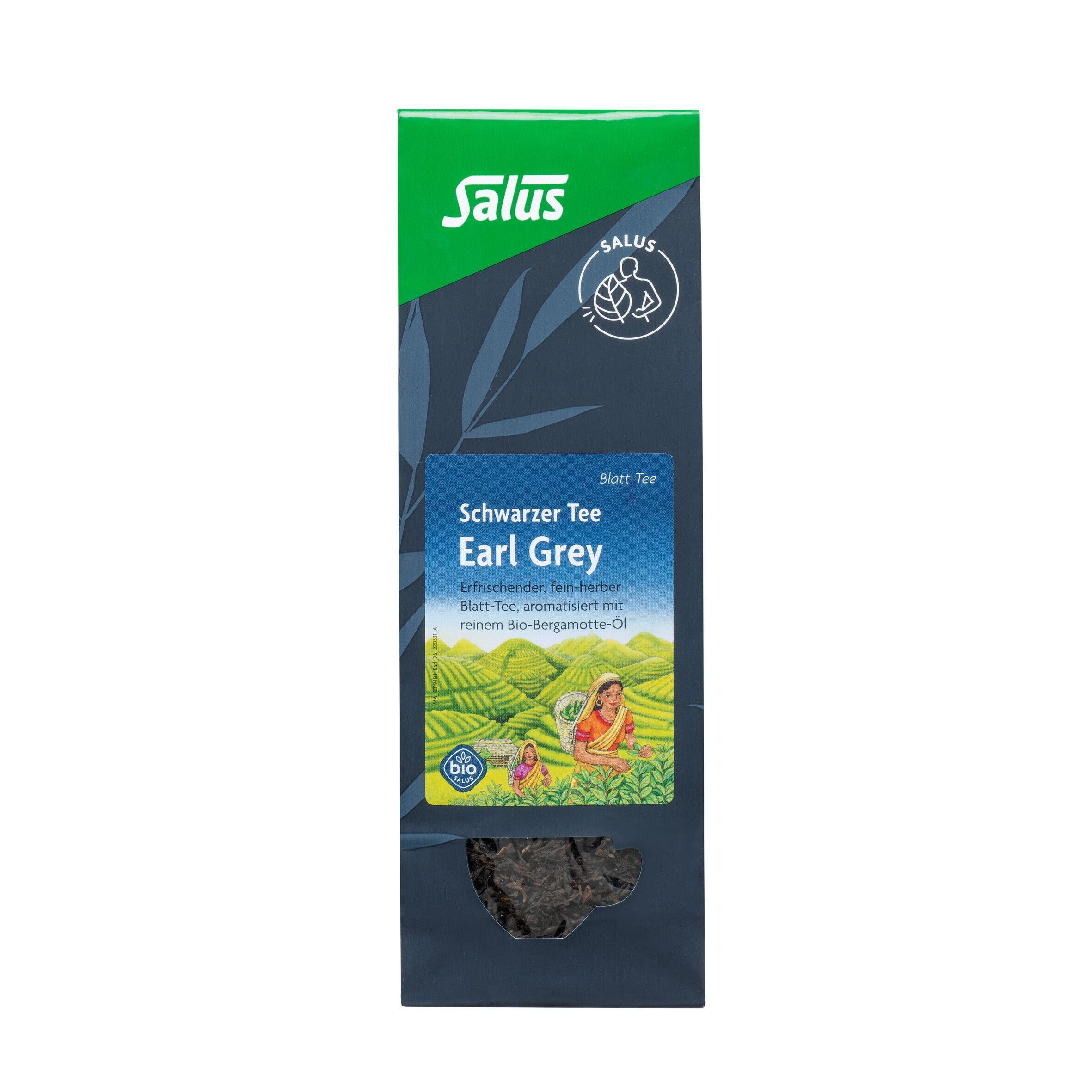 Packung EARL Grey Schwarzer Tee Blatt-Tee Bio Salus. Grün-blaue Verpackung mit Produktinformationen und Logo.