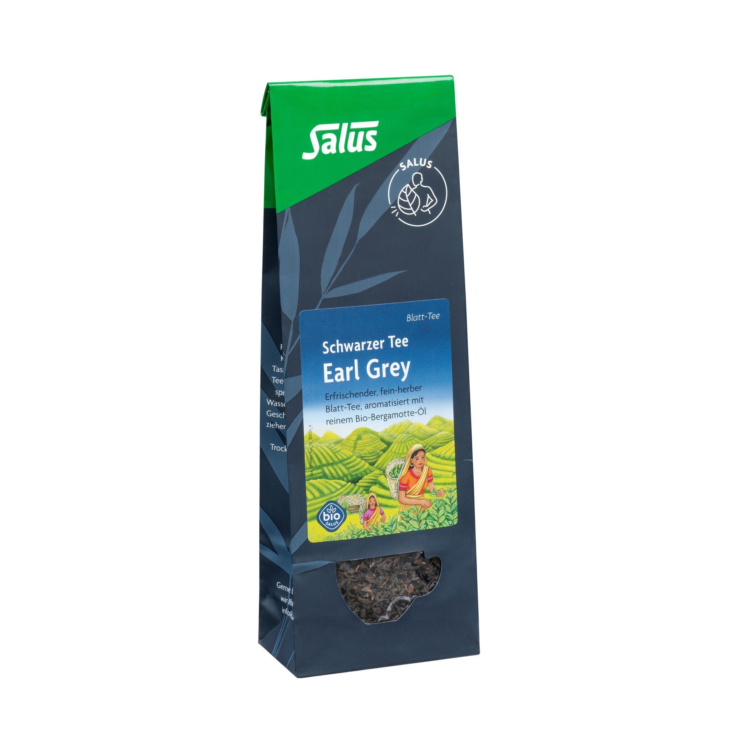 Packung EARL Grey Schwarzer Tee Blatt-Tee Bio Salus. Grün-blaue Verpackung mit Produktinformationen und Logo.