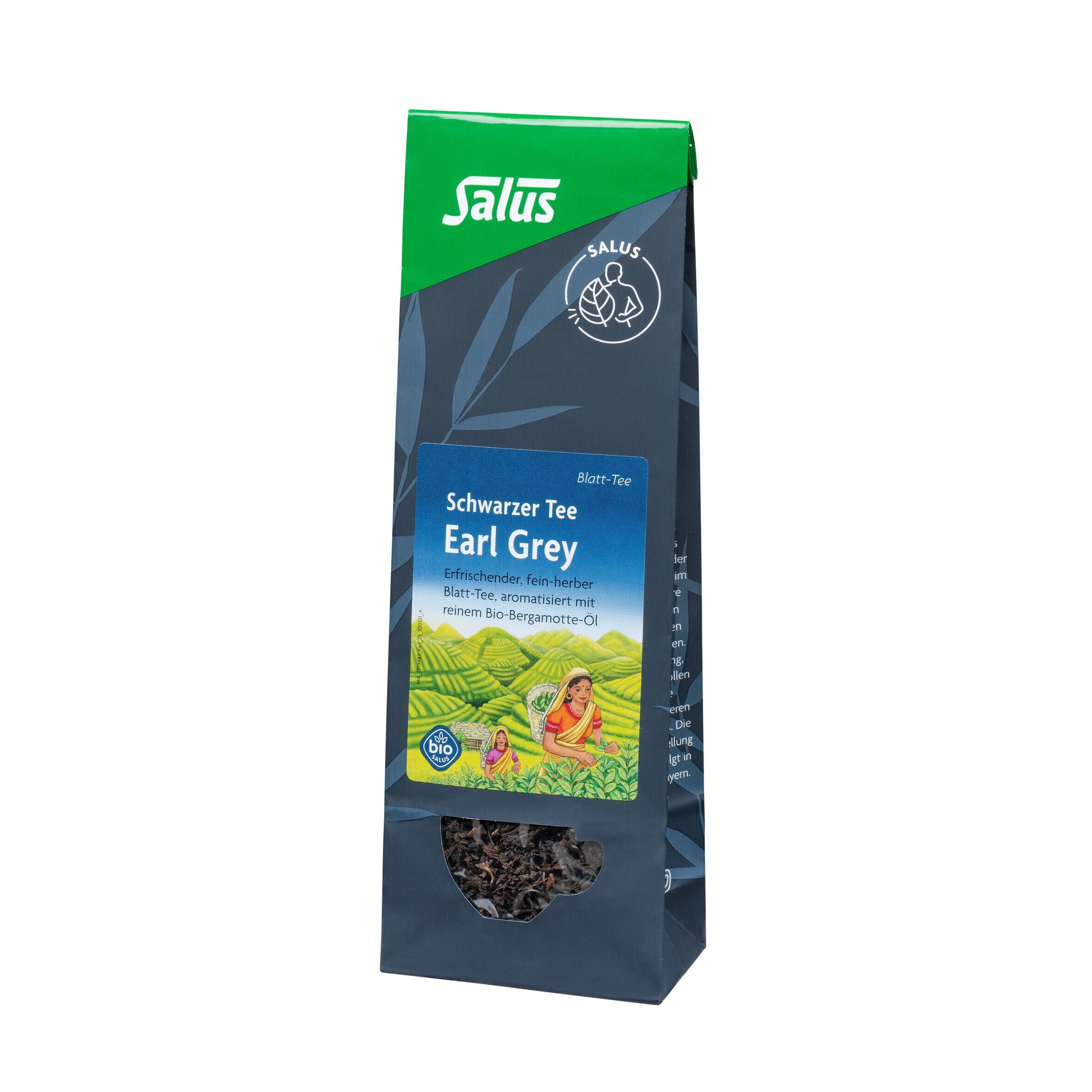 Packung EARL Grey Schwarzer Tee Blatt-Tee Bio Salus. Grün-blaue Verpackung mit Produktinformationen und Logo.