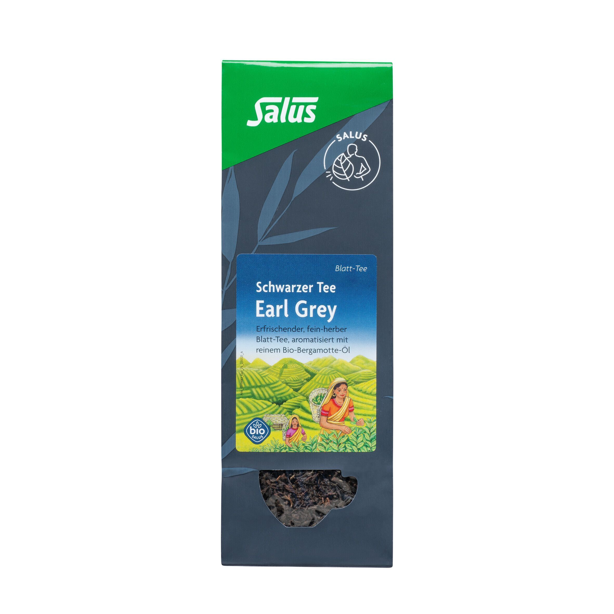 Packung EARL Grey Schwarzer Tee Blatt-Tee Bio Salus. Grün-blaue Verpackung mit Produktinformationen und Logo.