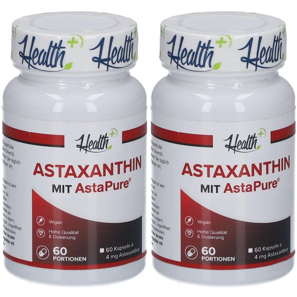 Zwei weiße Flaschen mit roter Beschriftung. Aufschrift: ASTAXANTHIN, 60 Portionen. Marke: Health+.