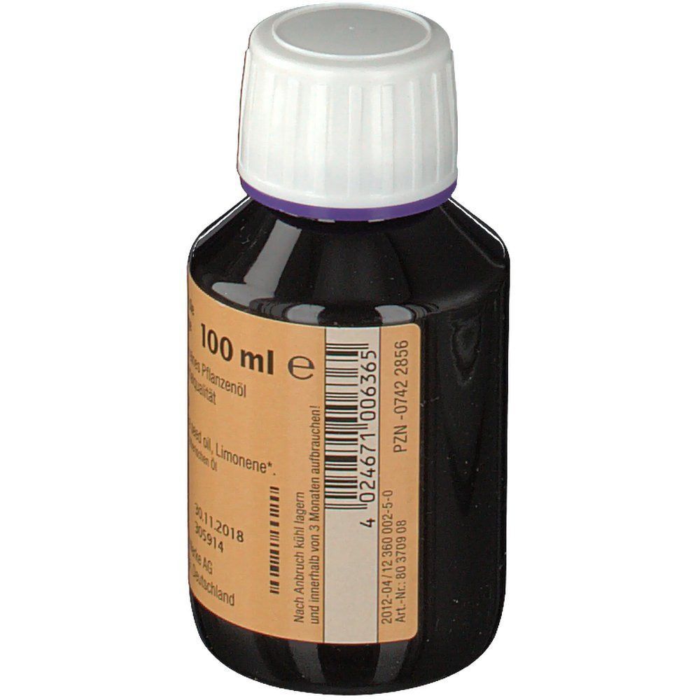 Braune Glasflasche mit weißem Deckel und Etikett. Aufschrift: SCHWARZKÜMMELÖL, 100 ml, PZN-0742856.