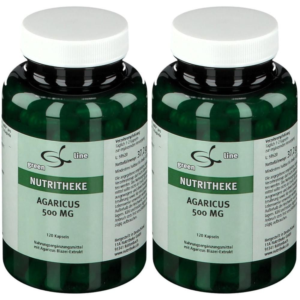 Zwei grüne Flaschen mit weißen Deckeln. Auf den Etiketten steht "green line NUTRITHEKE AGARICUS 500 MG". Jede Flasche enthält 120 Kapseln.