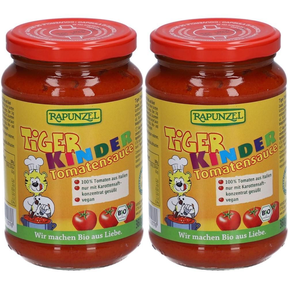 Zwei Gläser Rapunzel Tiger Kinder Tomatensauce. Gelbes Etikett mit Tiger-Illustration. Roter Deckel. Bio-Siegel.