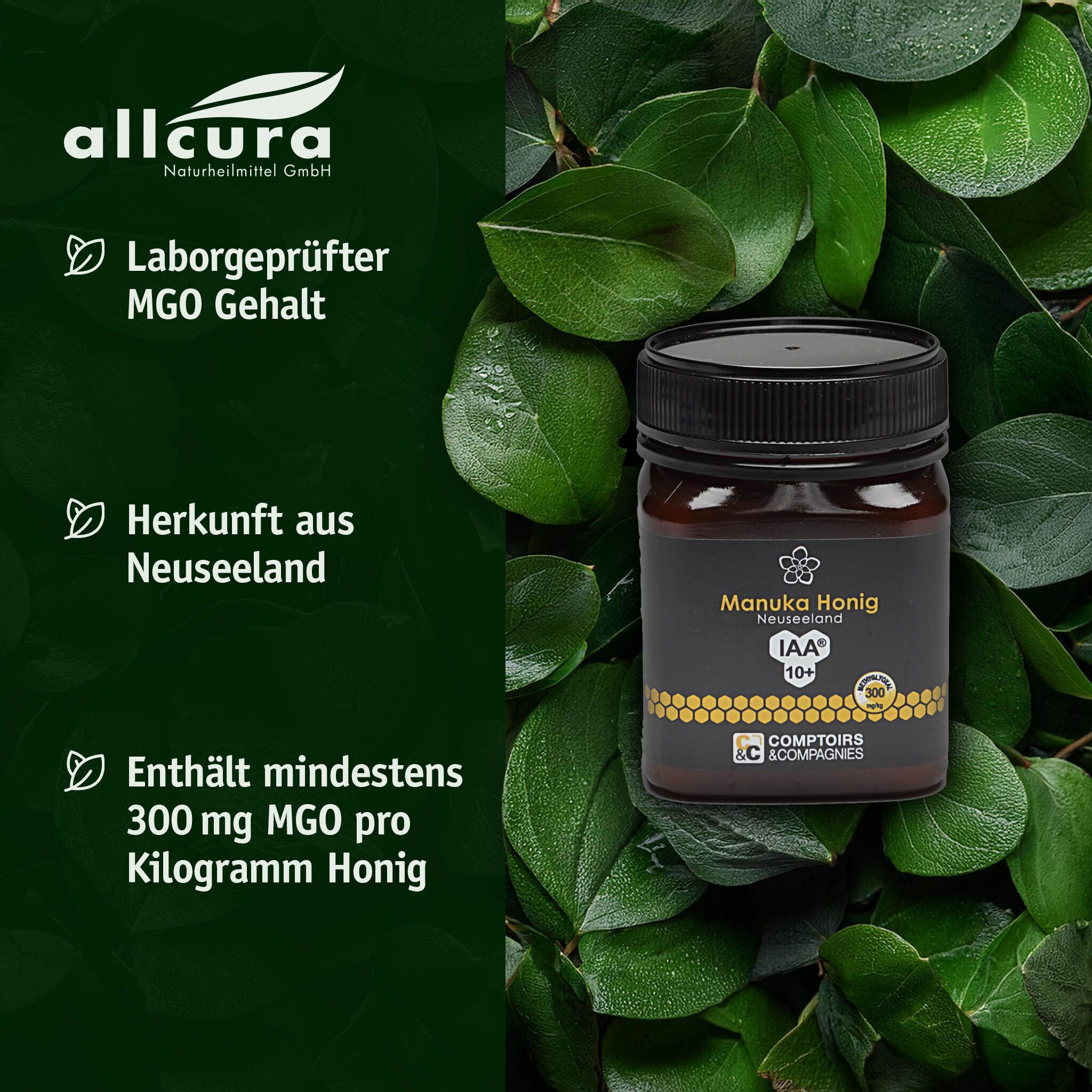 Glas mit schwarzem Deckel. Aufschrift: Manuka Honig, IAA 10+, MGO 300. Logo Comptoirs & Compagnies. Hintergrund: Blätter.