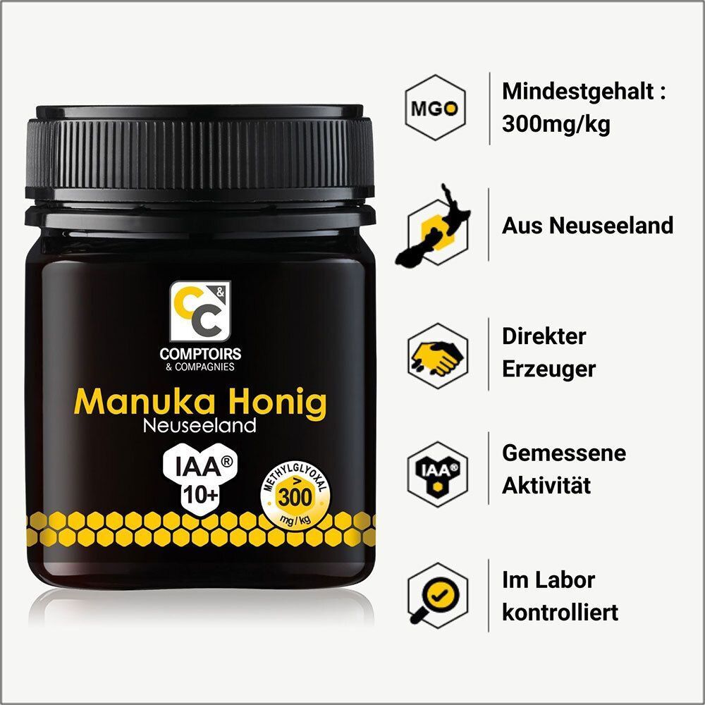 Glas mit schwarzem Deckel. Aufschrift: Manuka Honig, IAA 10+, MGO 300. Informationen: MGO 300mg/kg, Herkunft Neuseeland.