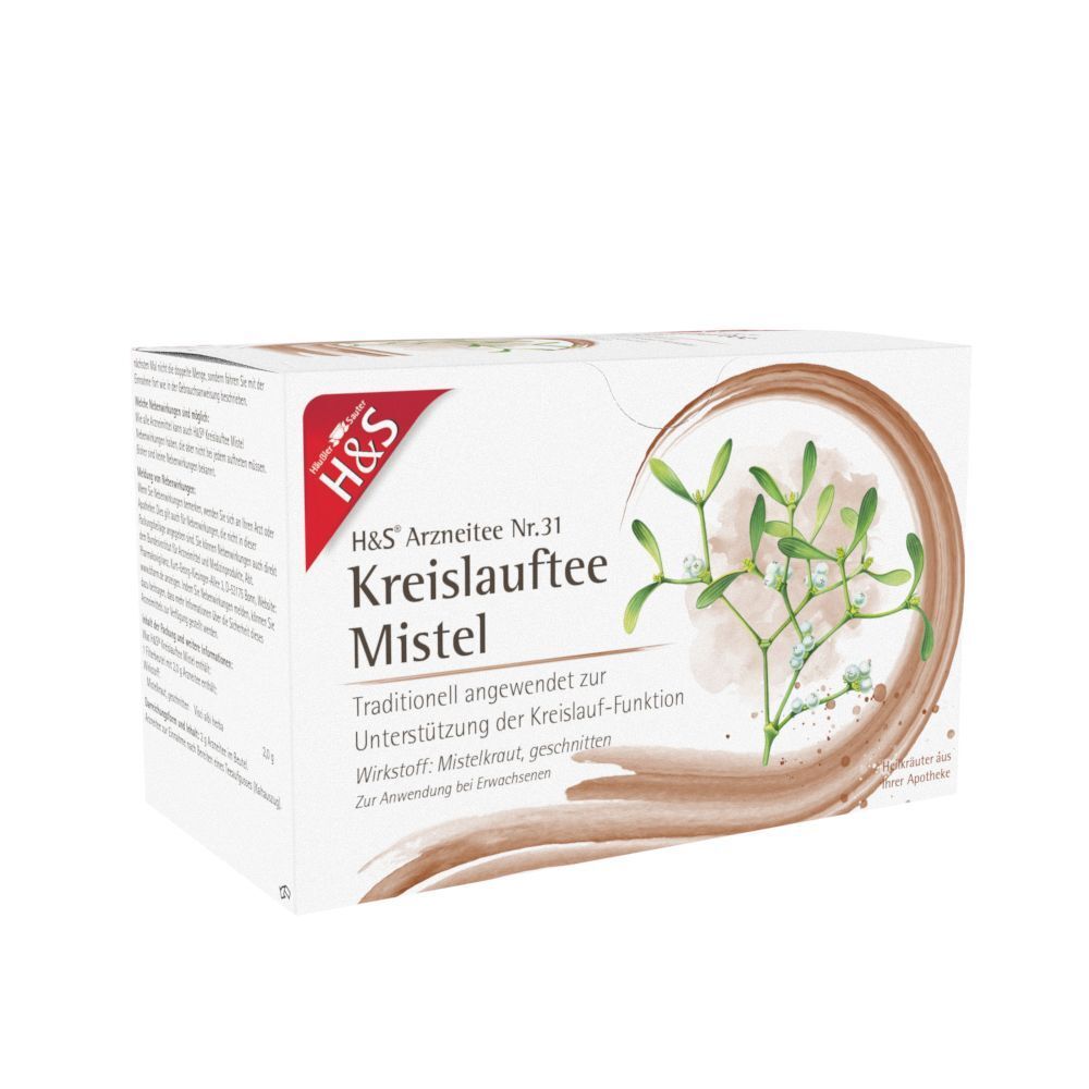 Packung H&S Kreislauftee Mistel Nr. 31 mit Mistelzweig-Illustration, Vorderansicht.