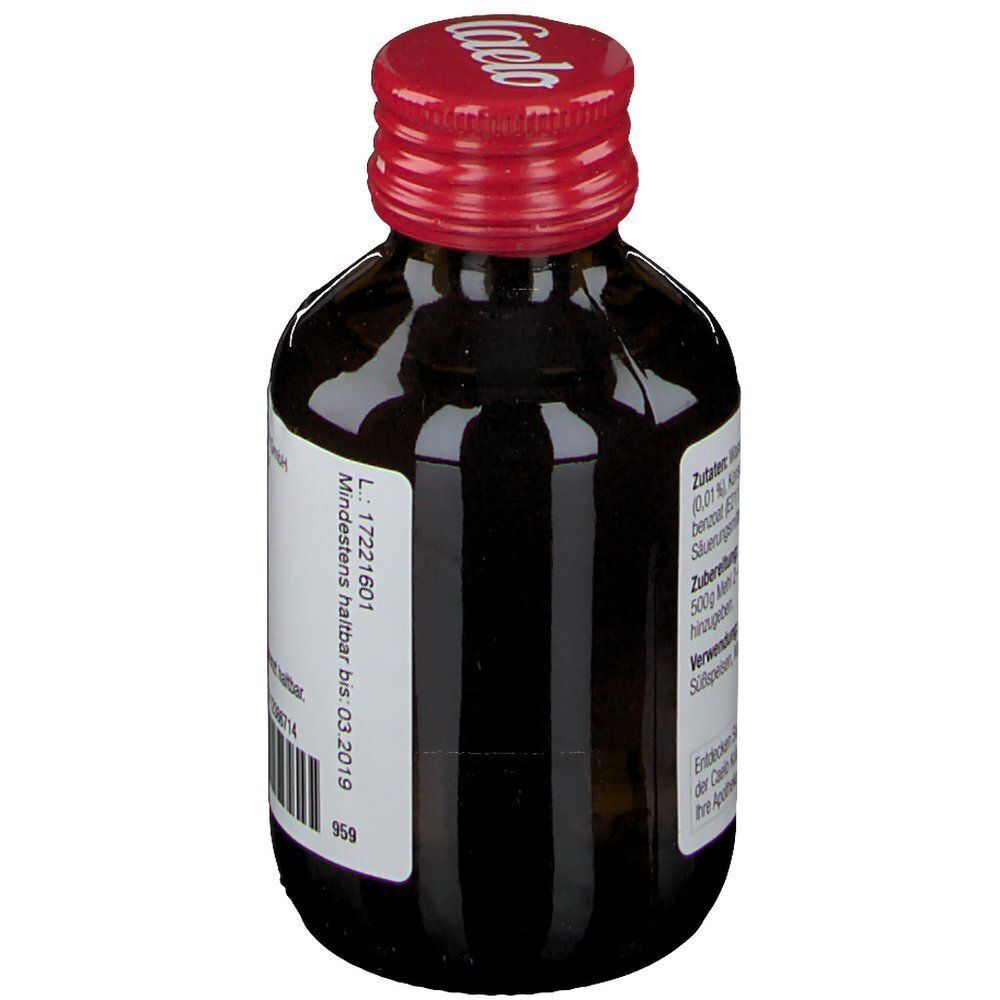 Rückseite einer Glasflasche mit rotem Schraubverschluss, gefüllt mit Rosenwasser. Das Etikett enthält Haltbarkeitsdaten und Artikelnummern.