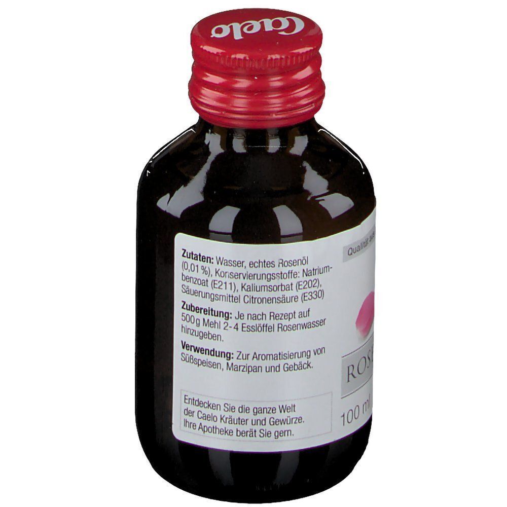 Seite einer Glasflasche mit rotem Schraubverschluss, gefüllt mit Rosenwasser. Das Etikett listet Inhaltsstoffe und Zubereitung auf.