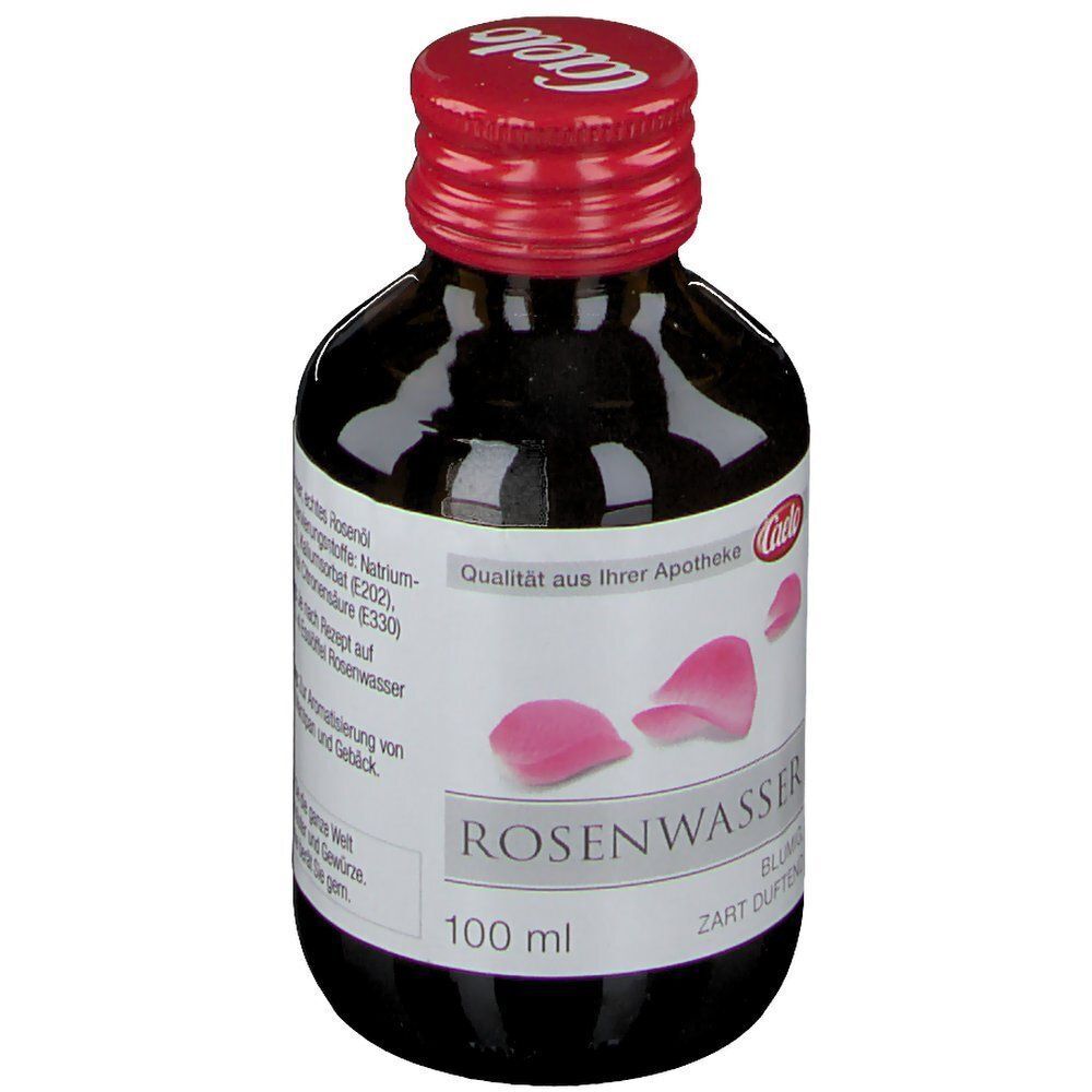 Glasflasche mit rotem Schraubverschluss, gefüllt mit Rosenwasser. Das Etikett zeigt Rosenblätter und Produktinformationen.