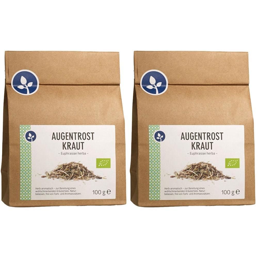 Zwei Beutel AUGENTROST KRAUT. Braune Papierverpackung mit weißem Etikett und Logo. Bio-Siegel. 100g.